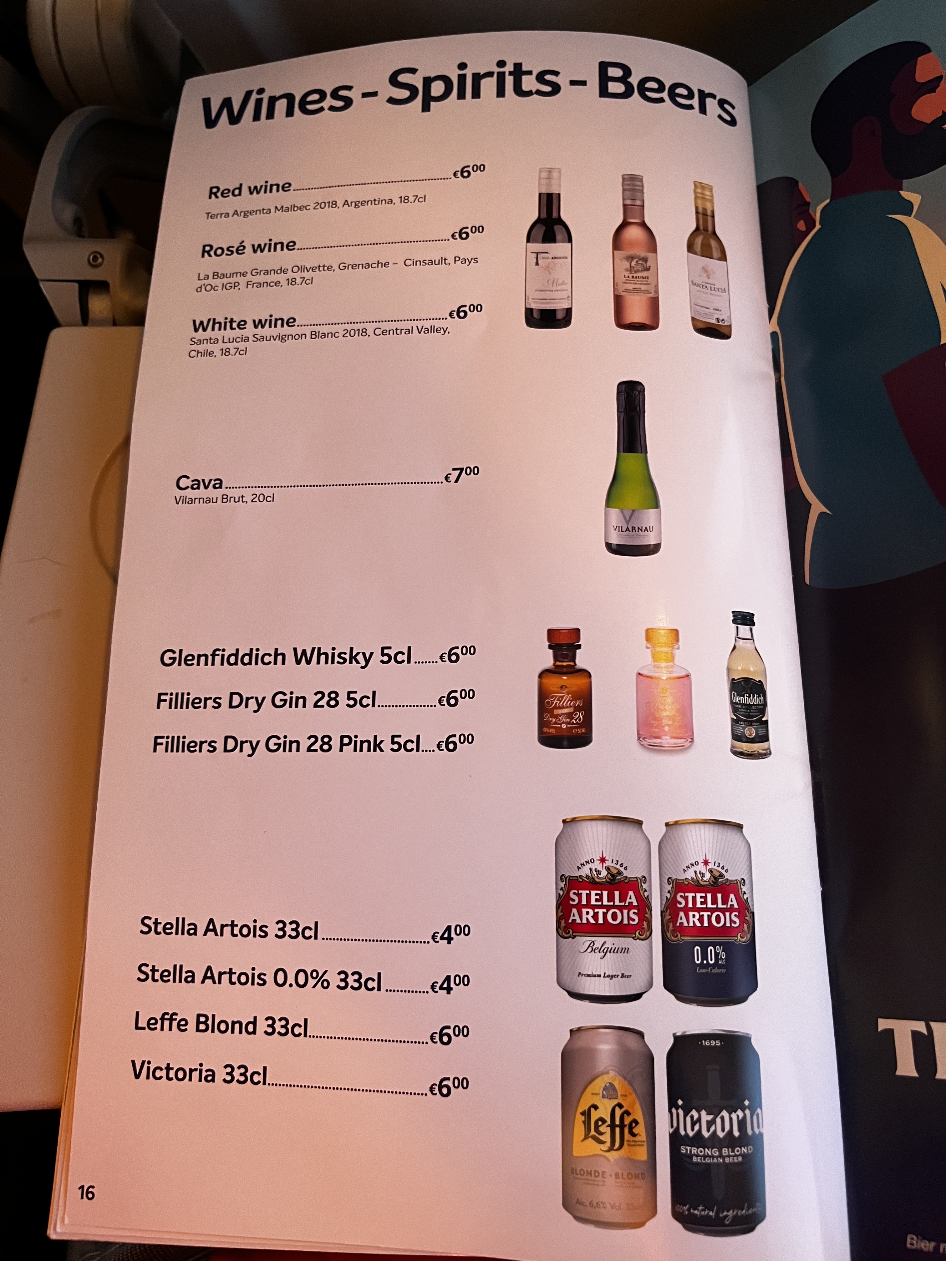 Getränkekarte Seite 16 mit Weinen, Spirituosen und Bieren samt Preisen in Euro