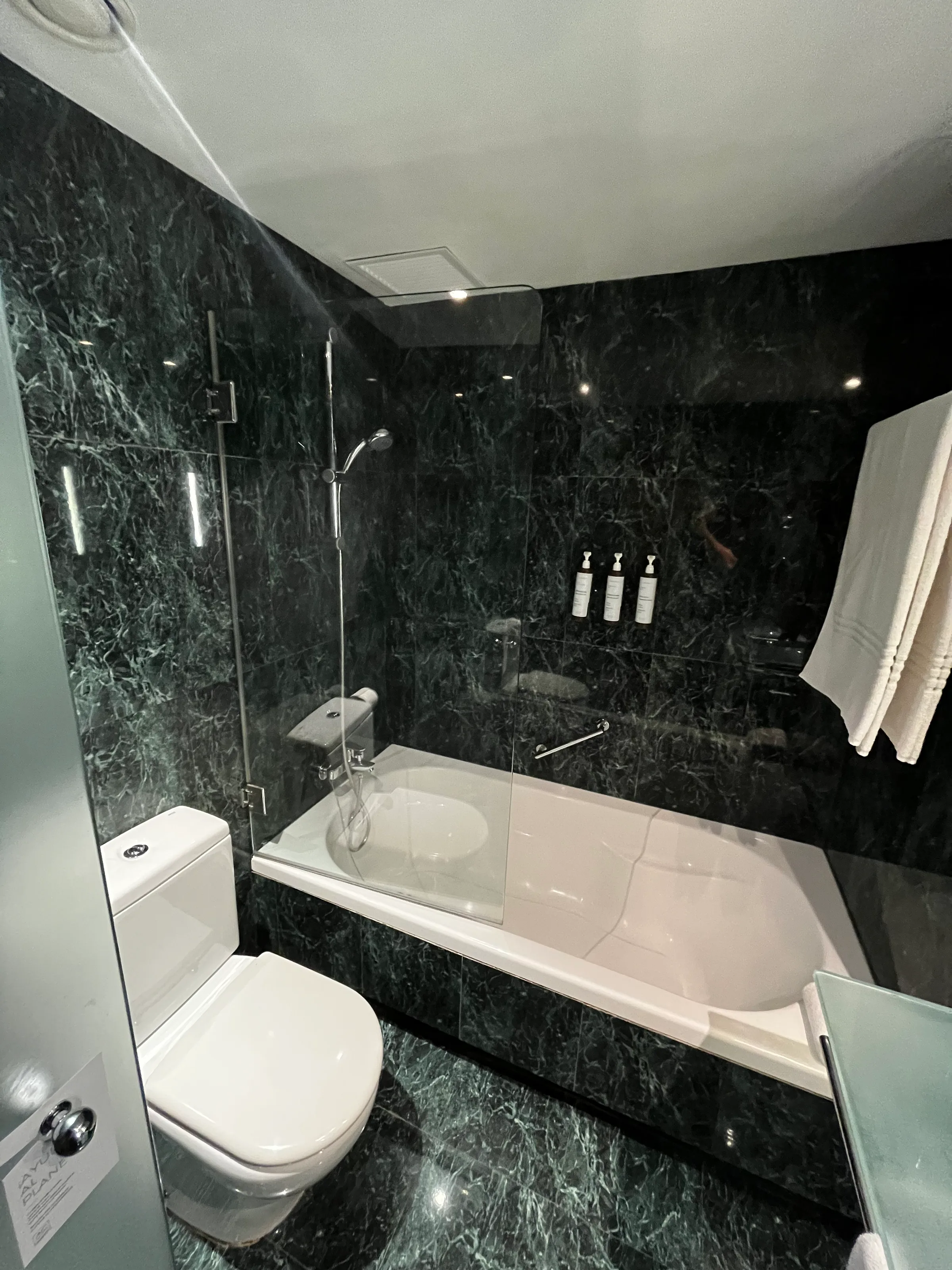 Moderne Badezimmer mit Dusche und Badewanne in dunklem Marmor