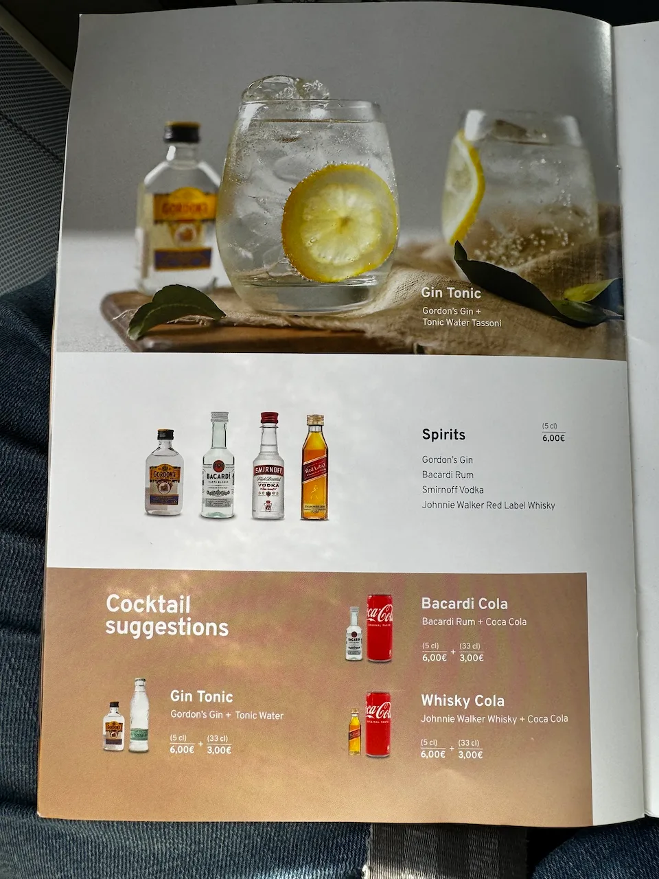 Getränke-Menü mit Gin Tonic und Spirituosen