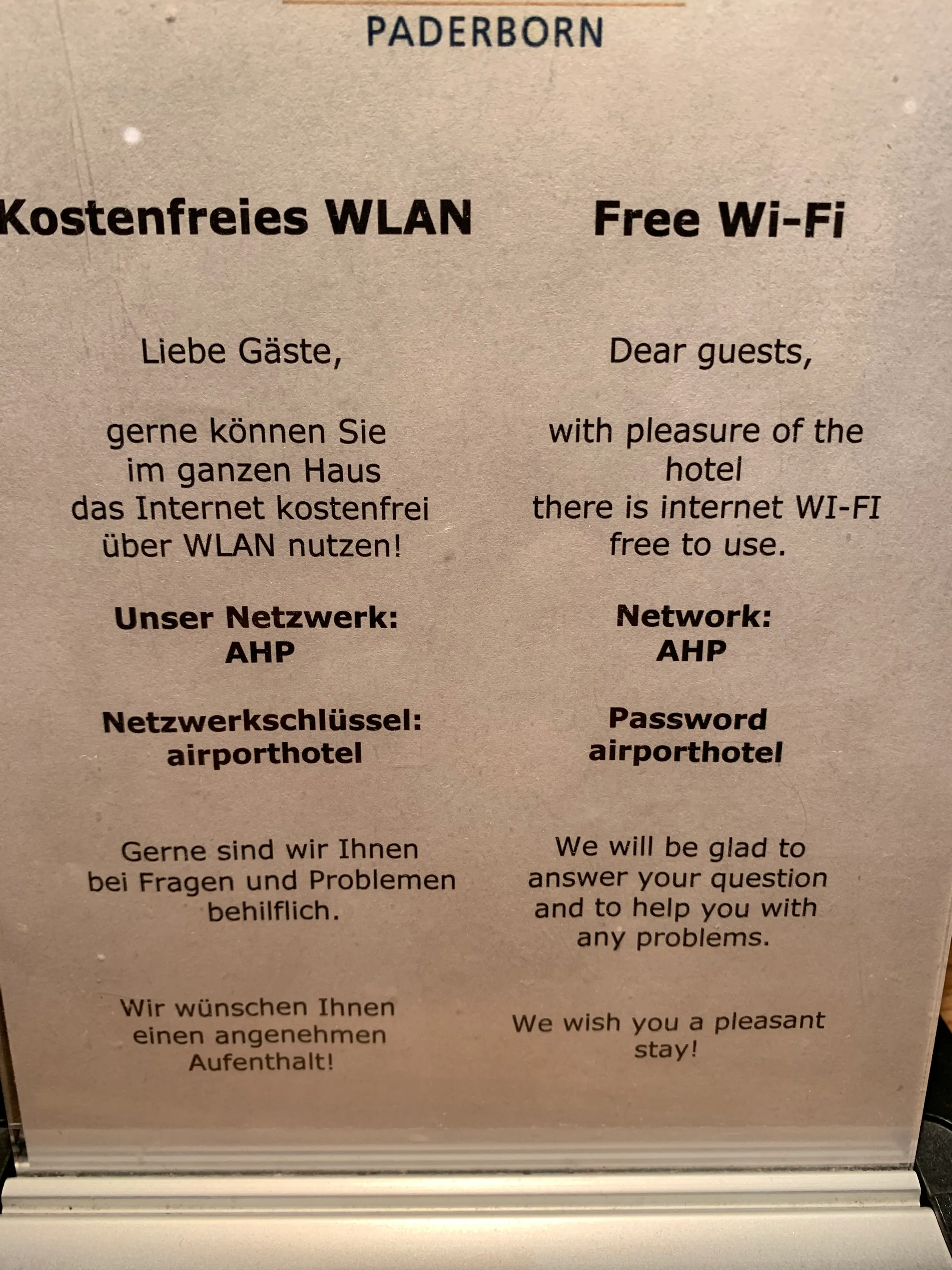 WLAN-Zugangskarte im Hotel Paderborn