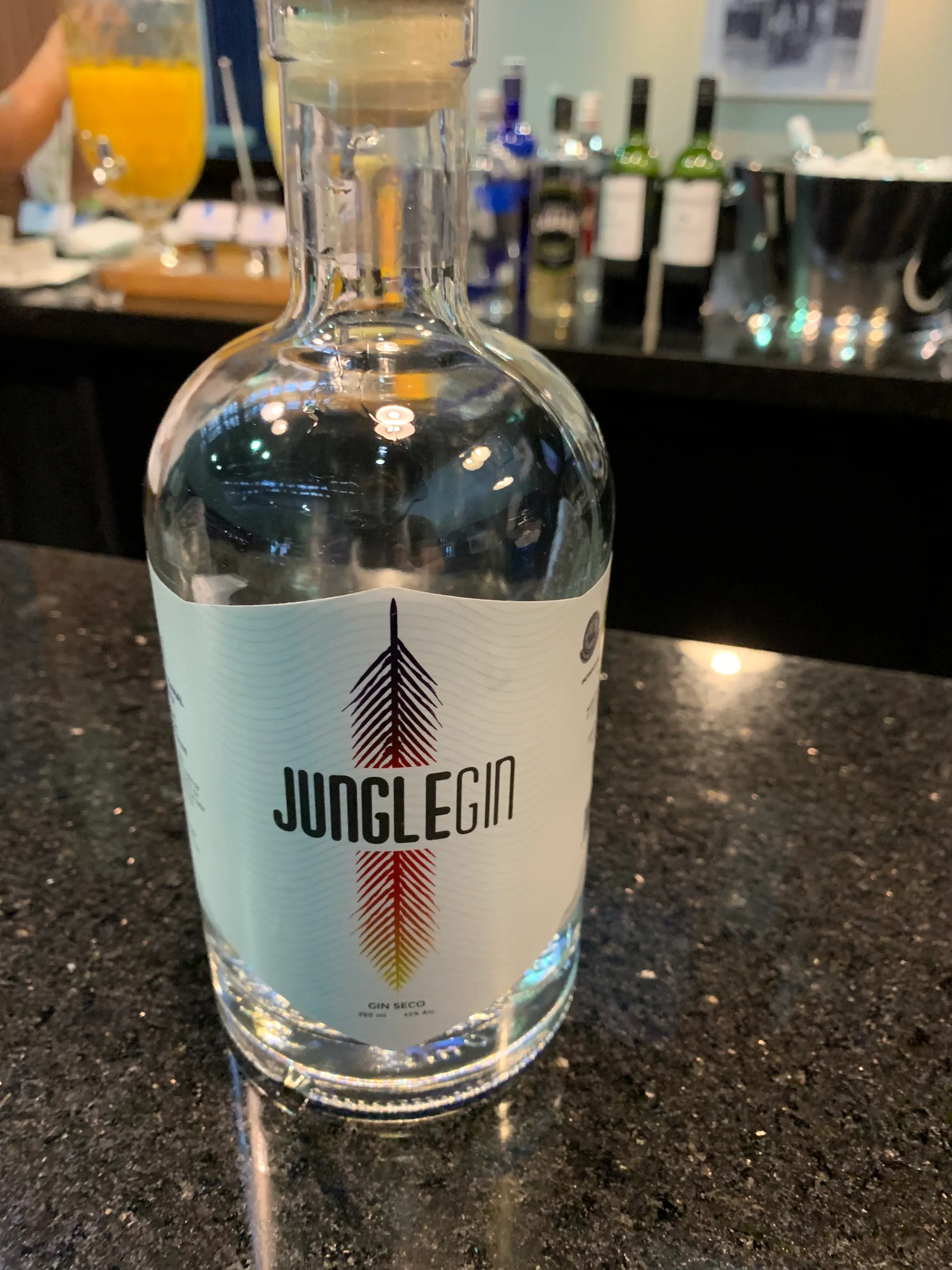 Flasche mit Etikett 'Jungle Gin' auf Barhintergrund
