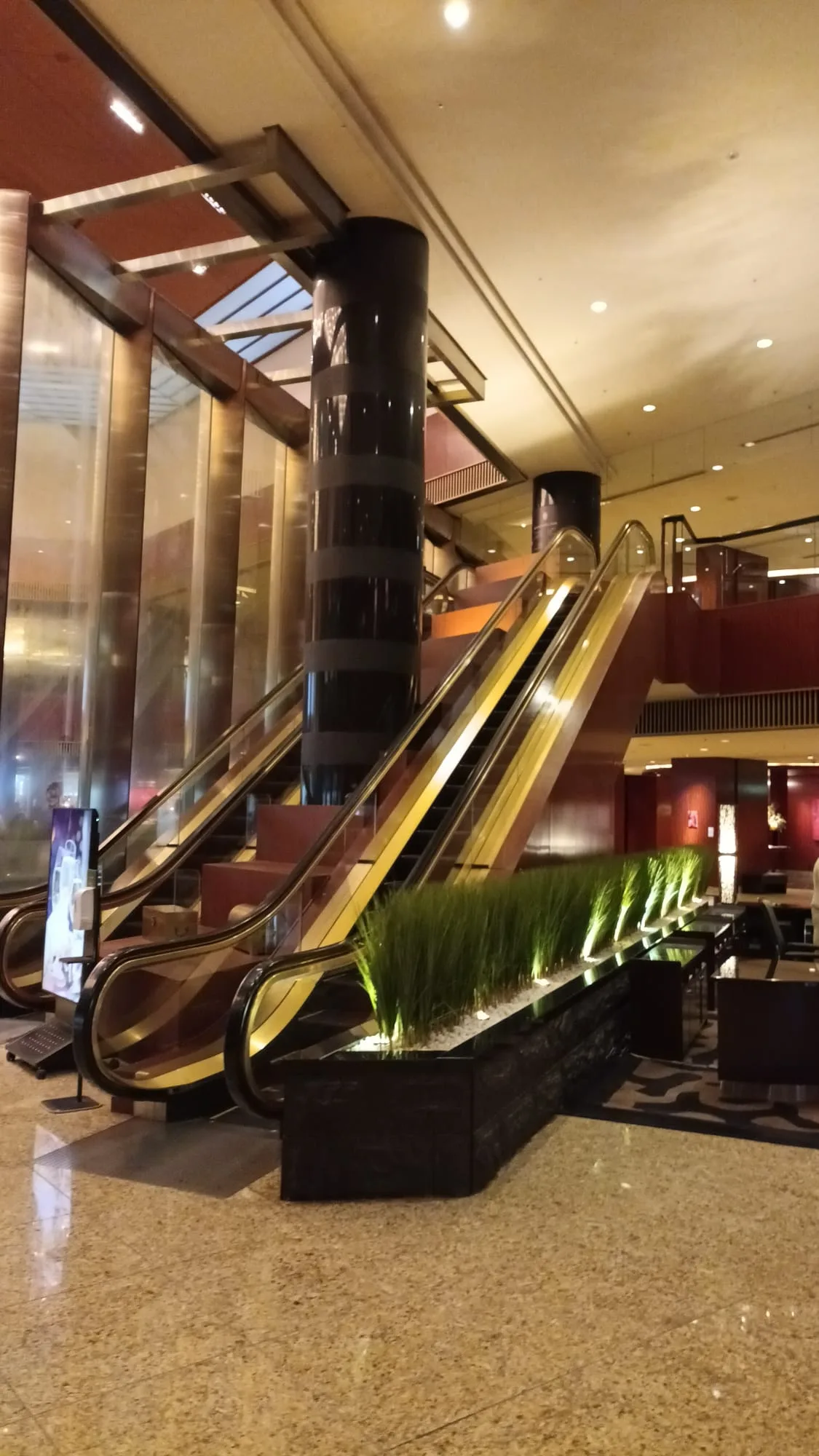 Hotellobby mit Rolltreppen und Pflanzenanordnung