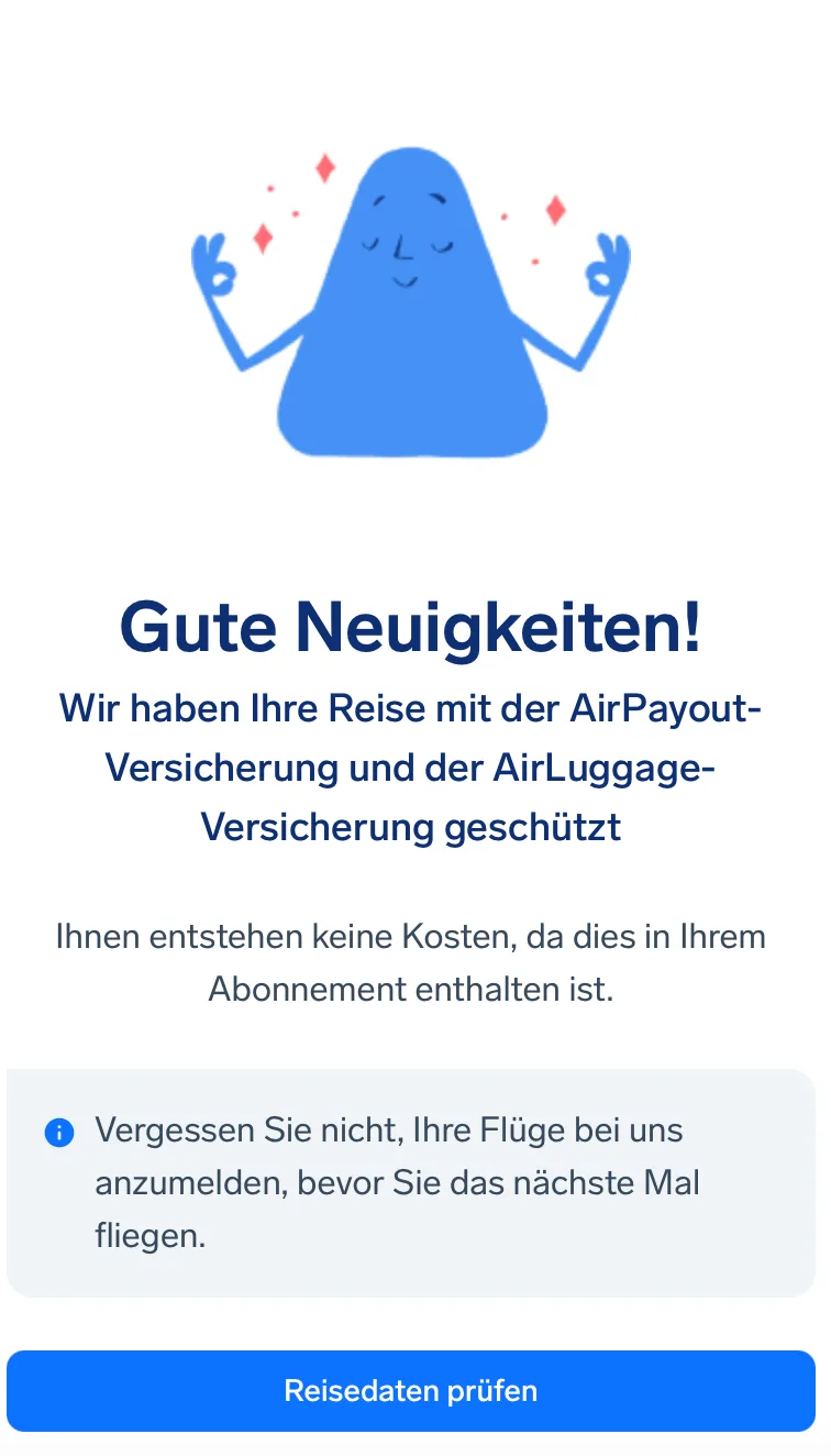Versicherungsnachricht mit blauem Charakter und Text über Reiseversicherungen