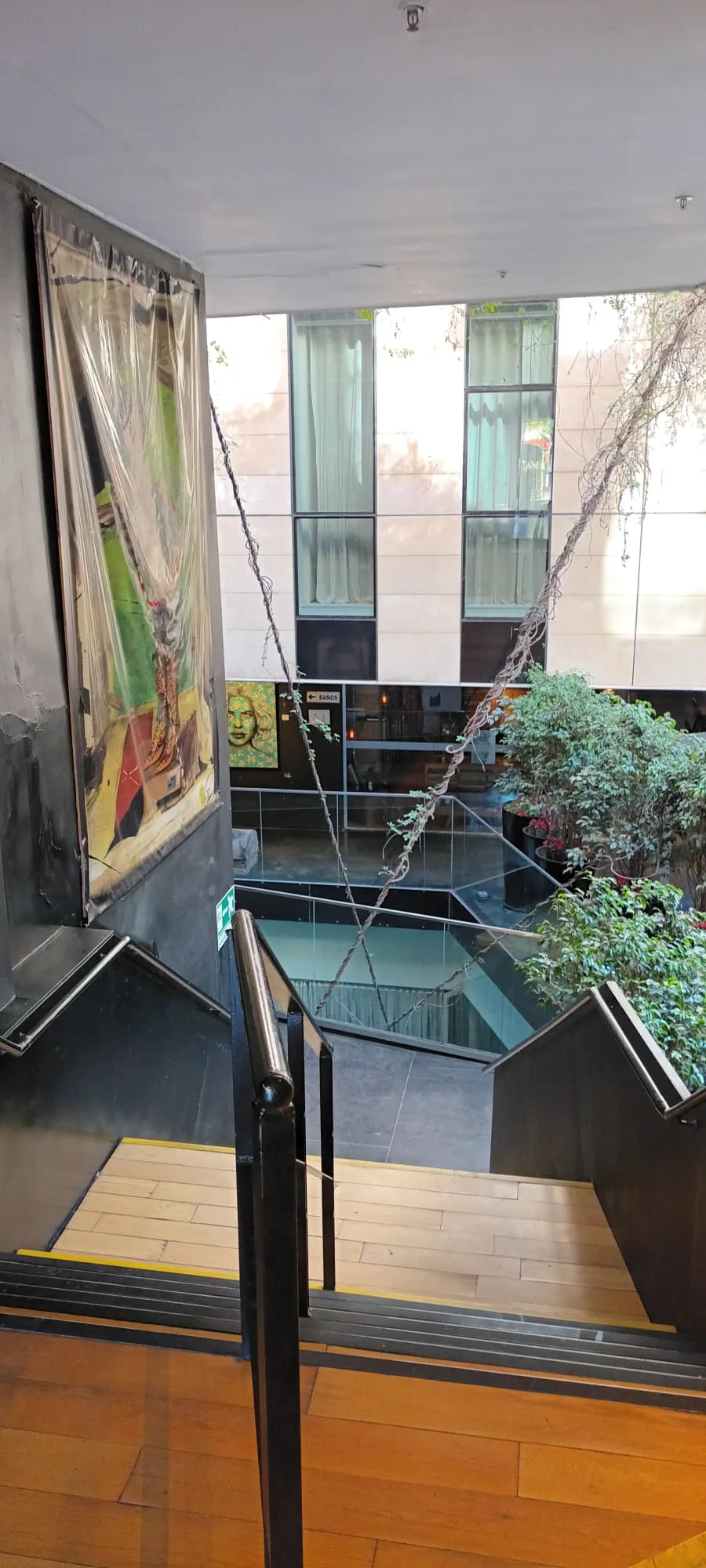 Treppenhaus mit Pflanzen und Kunst im Hintergrund