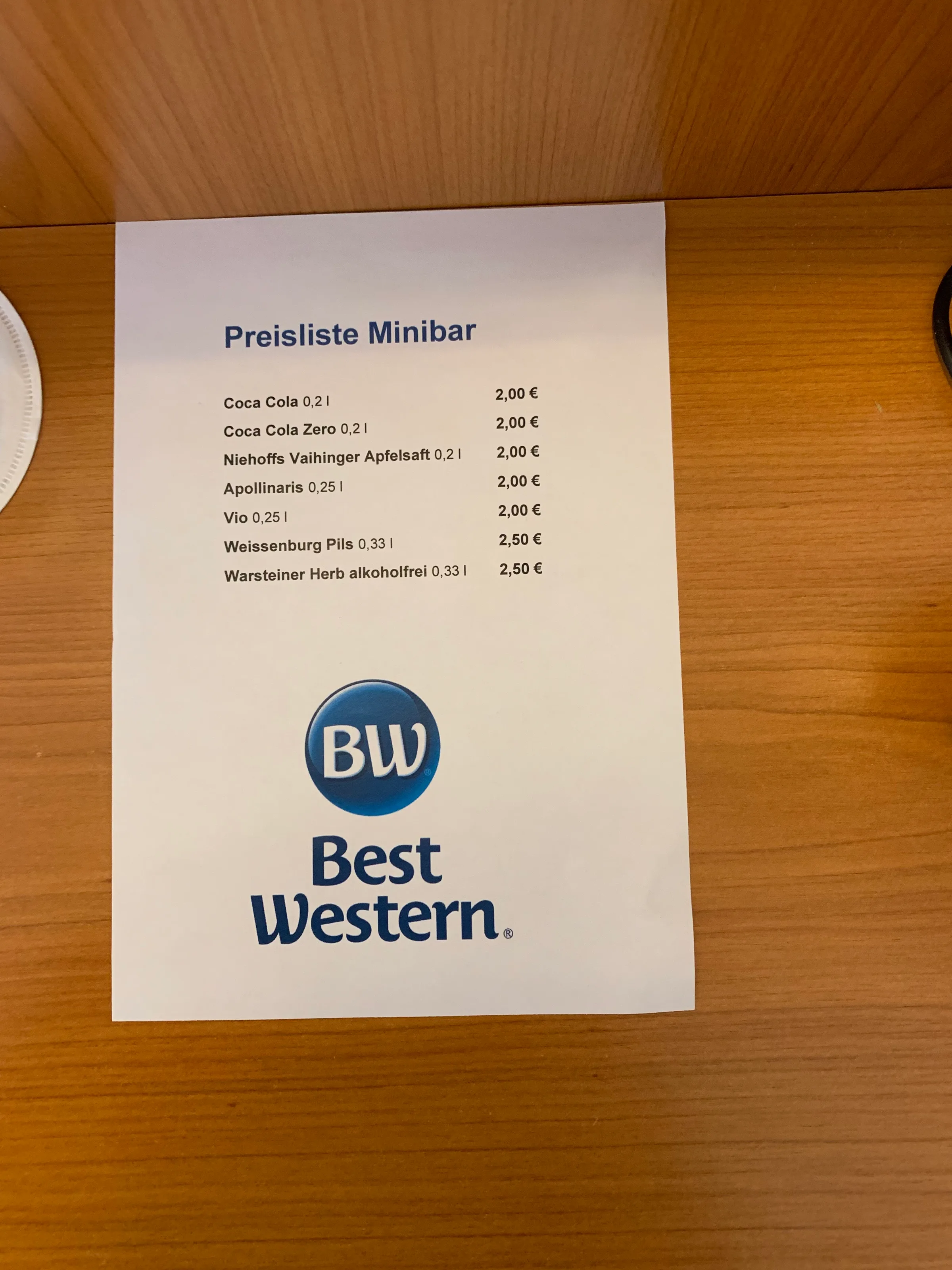 Minibarpreisliste im Best Western Hotel Lippstadt während Corona