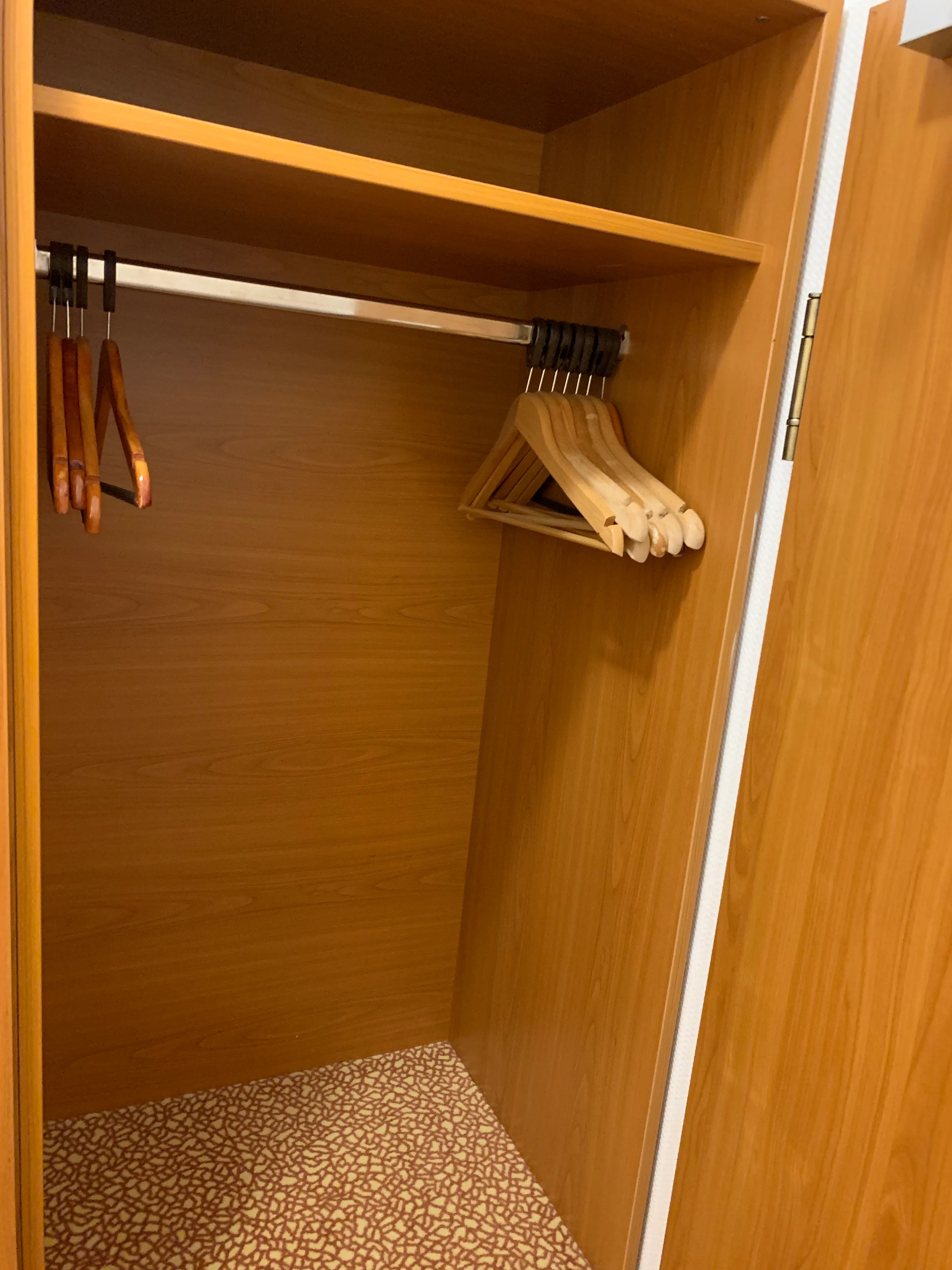 Offener Kleiderschrank mit Holzgriffen und Haken