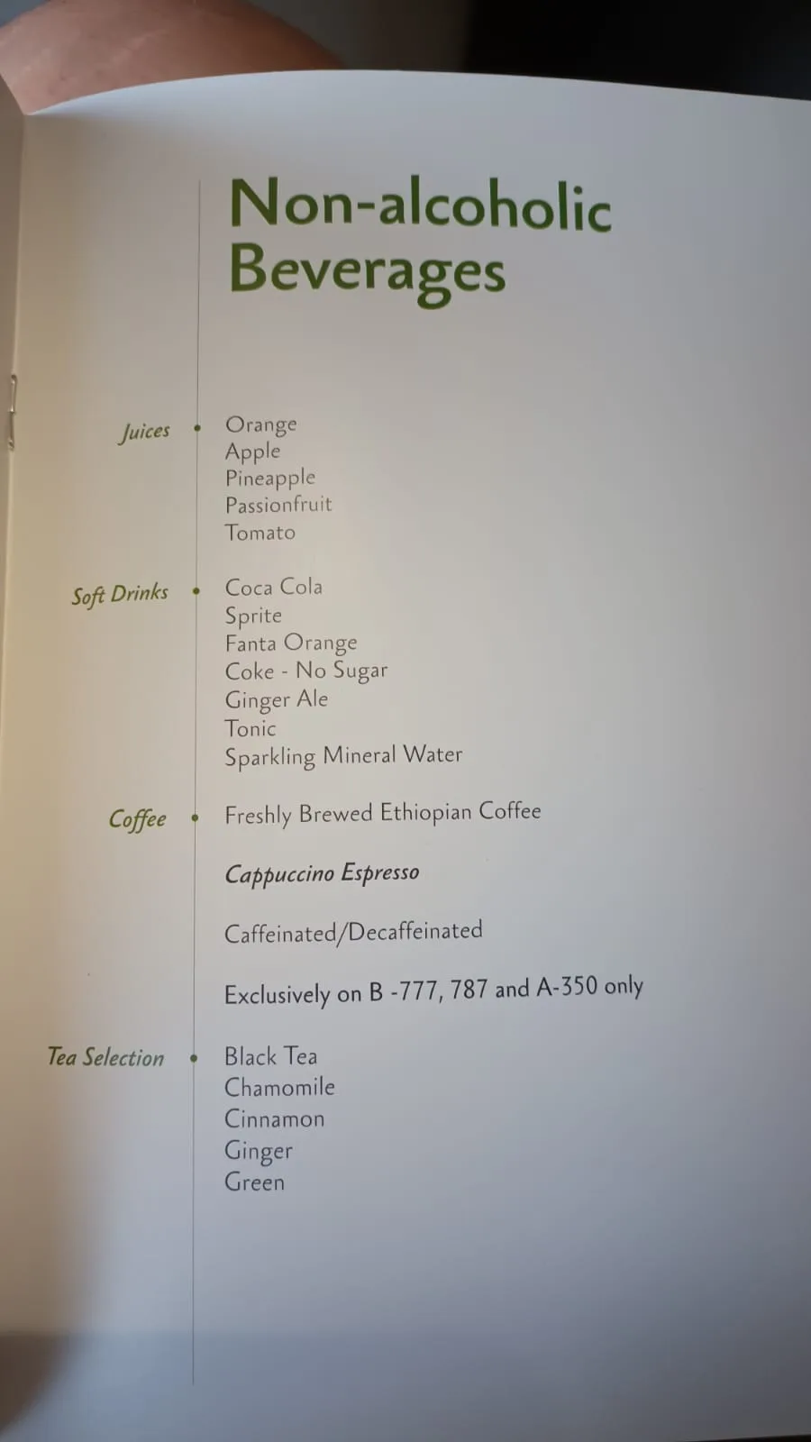 Getränke-Menü für Business Class auf Ethiopian Airlines