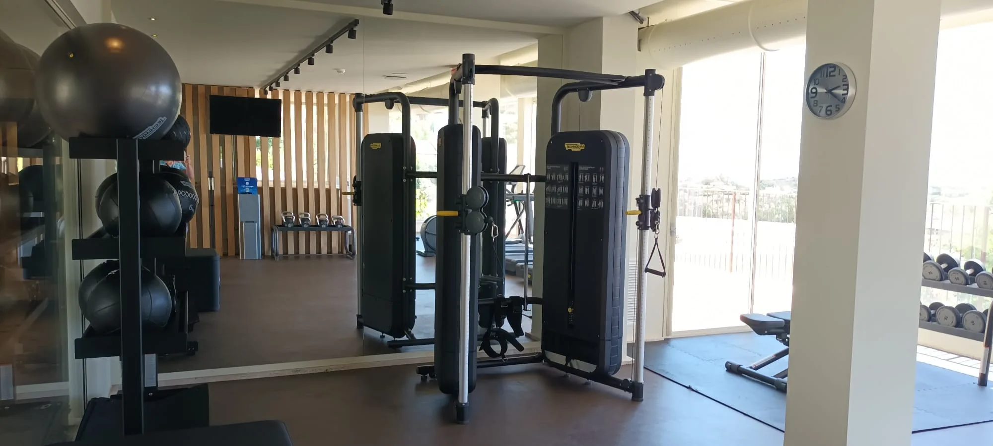 Fitnessraum mit Trainingsgeräten und Ballregal