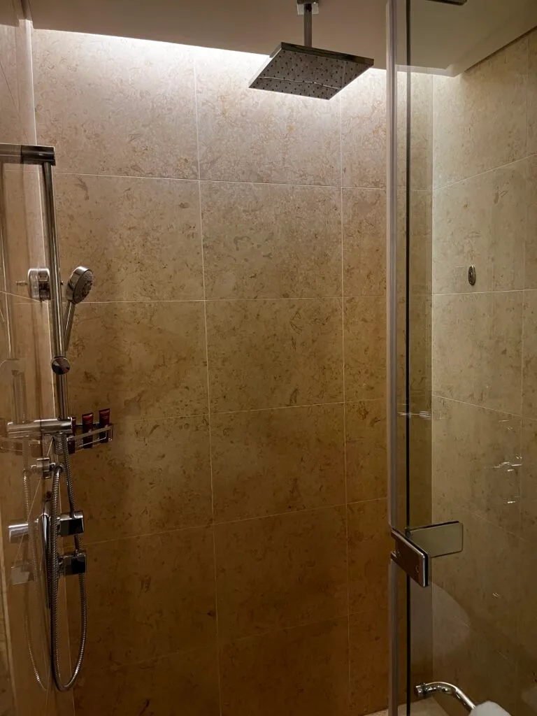 Duschbereich mit Marmorfliesen und Regendusche