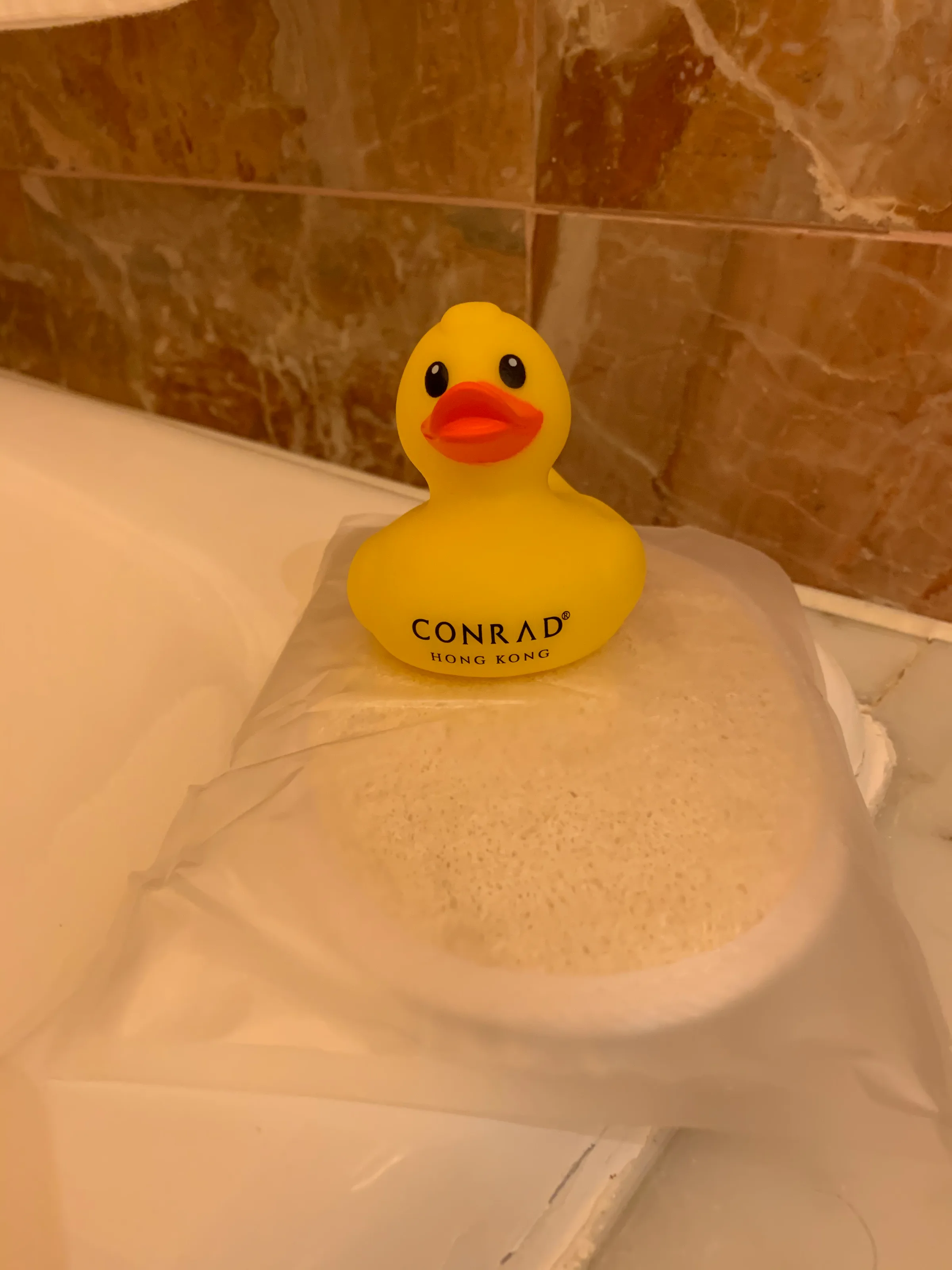 Gelber Entenfigur auf Seife im Badezimmer