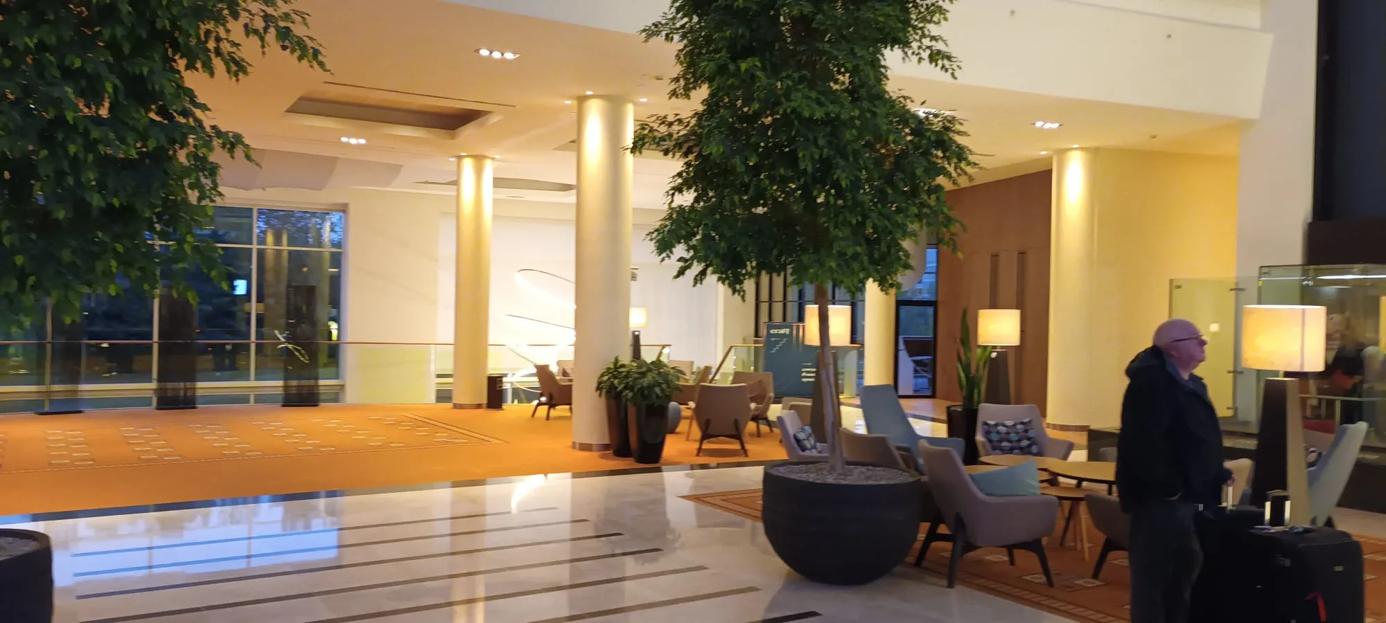 Lobby des Hotels mit Säulen und Pflanzen