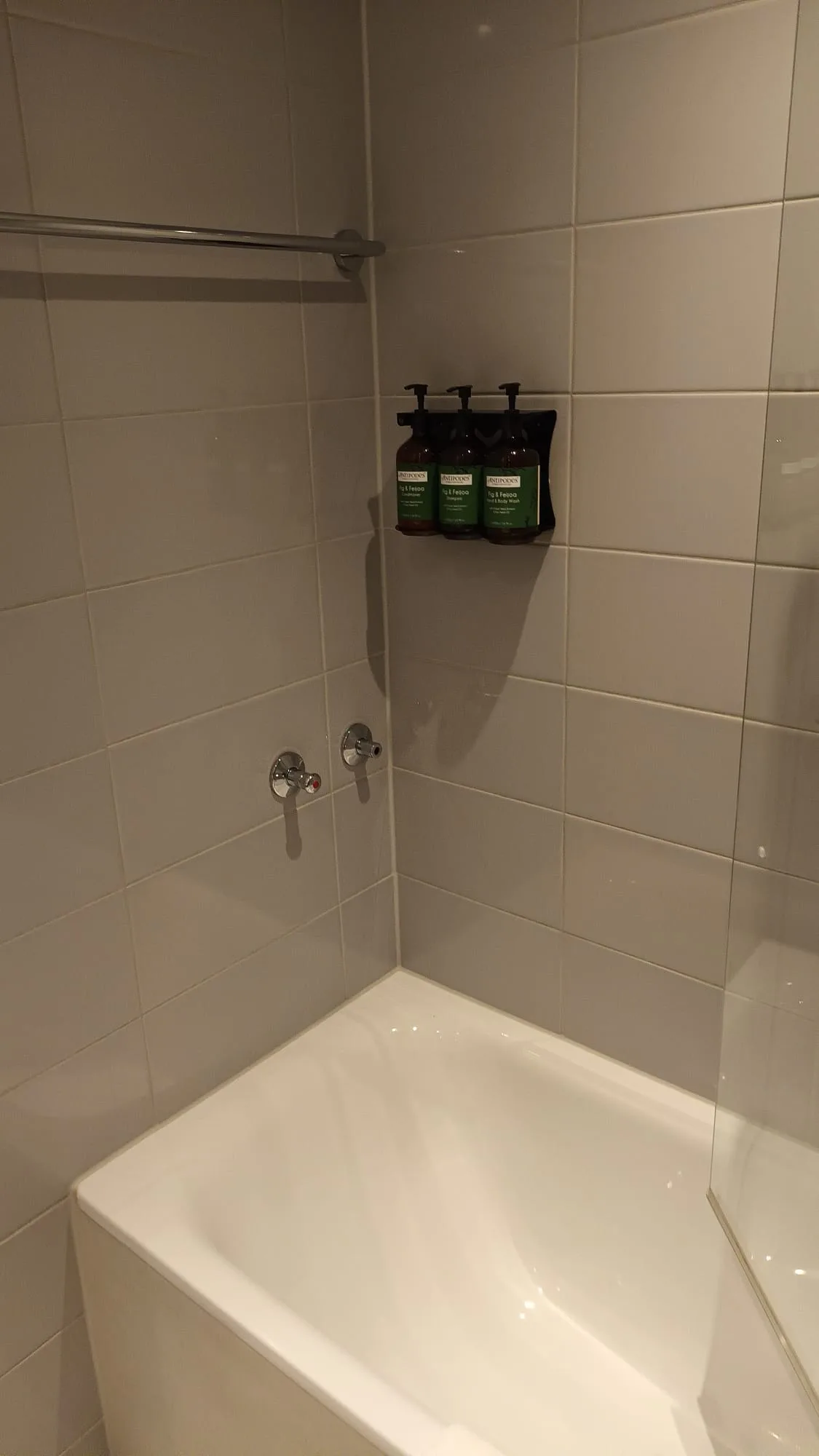 Duschbereich mit Badewanne und Flüssigseifenhalter