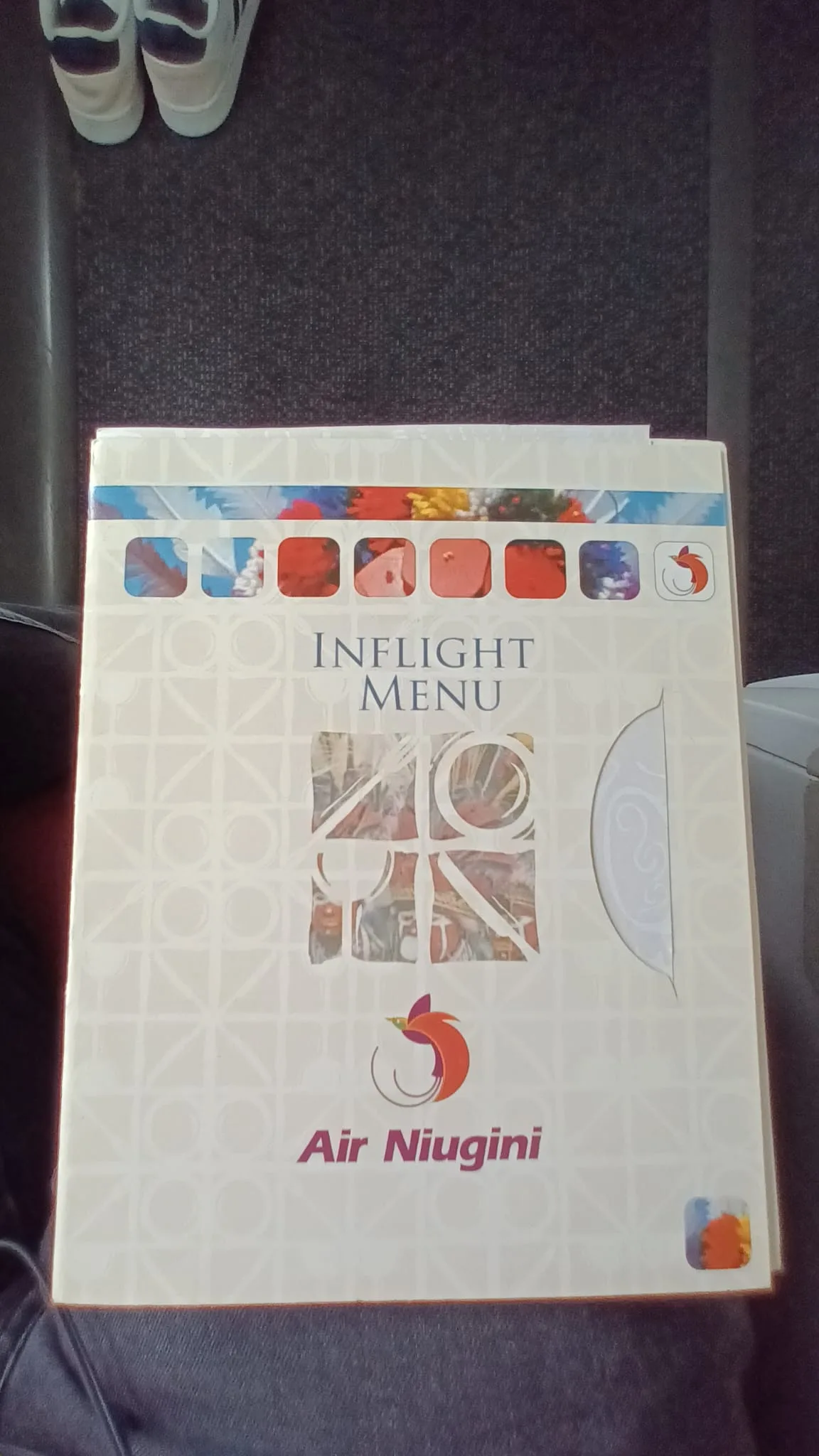 Inflight-Menü von Air Niugini mit farbigen Symbolen oben