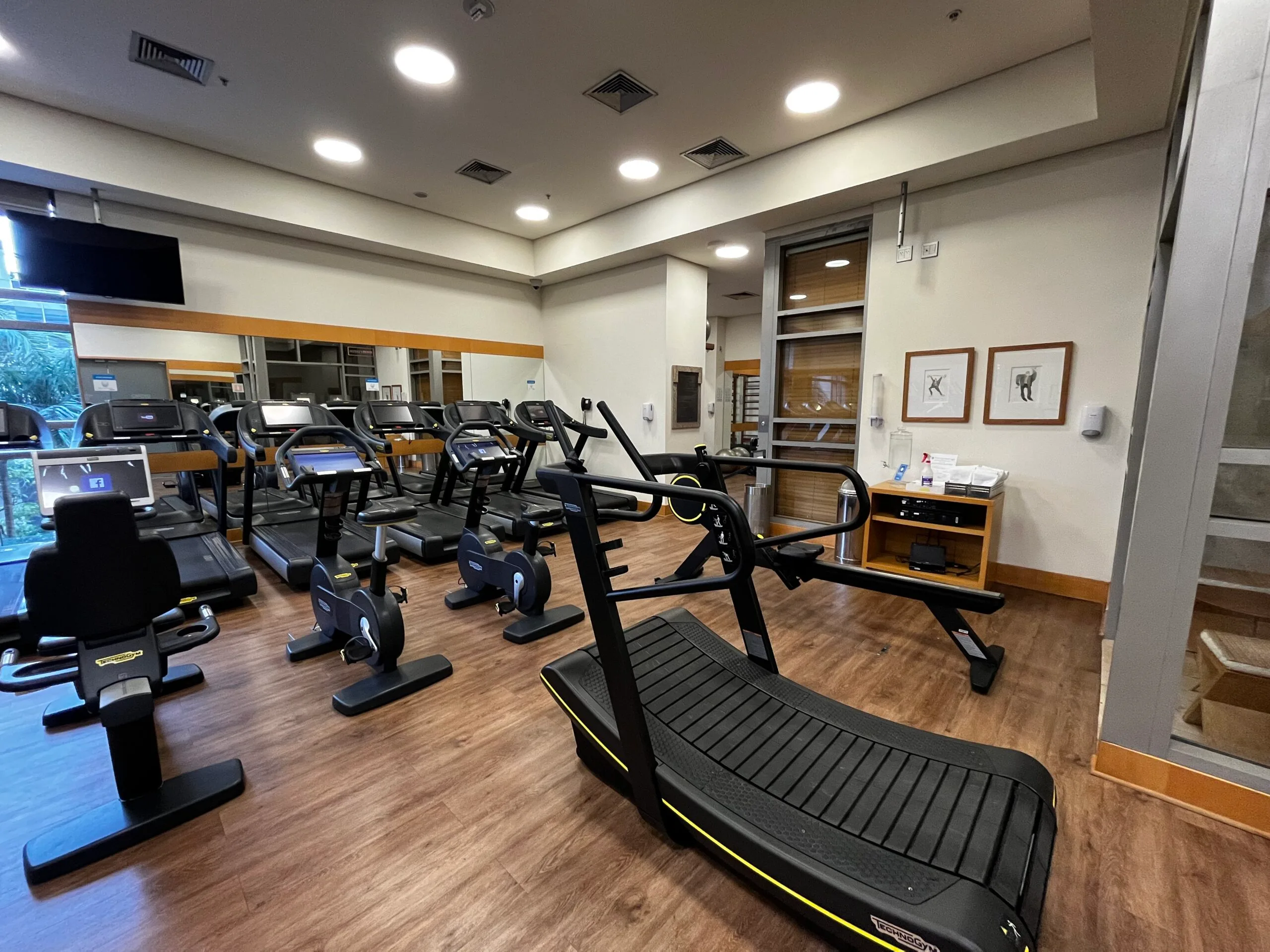 Fitnessraum mit verschiedenen Trainingsgeräten und Holzboden
