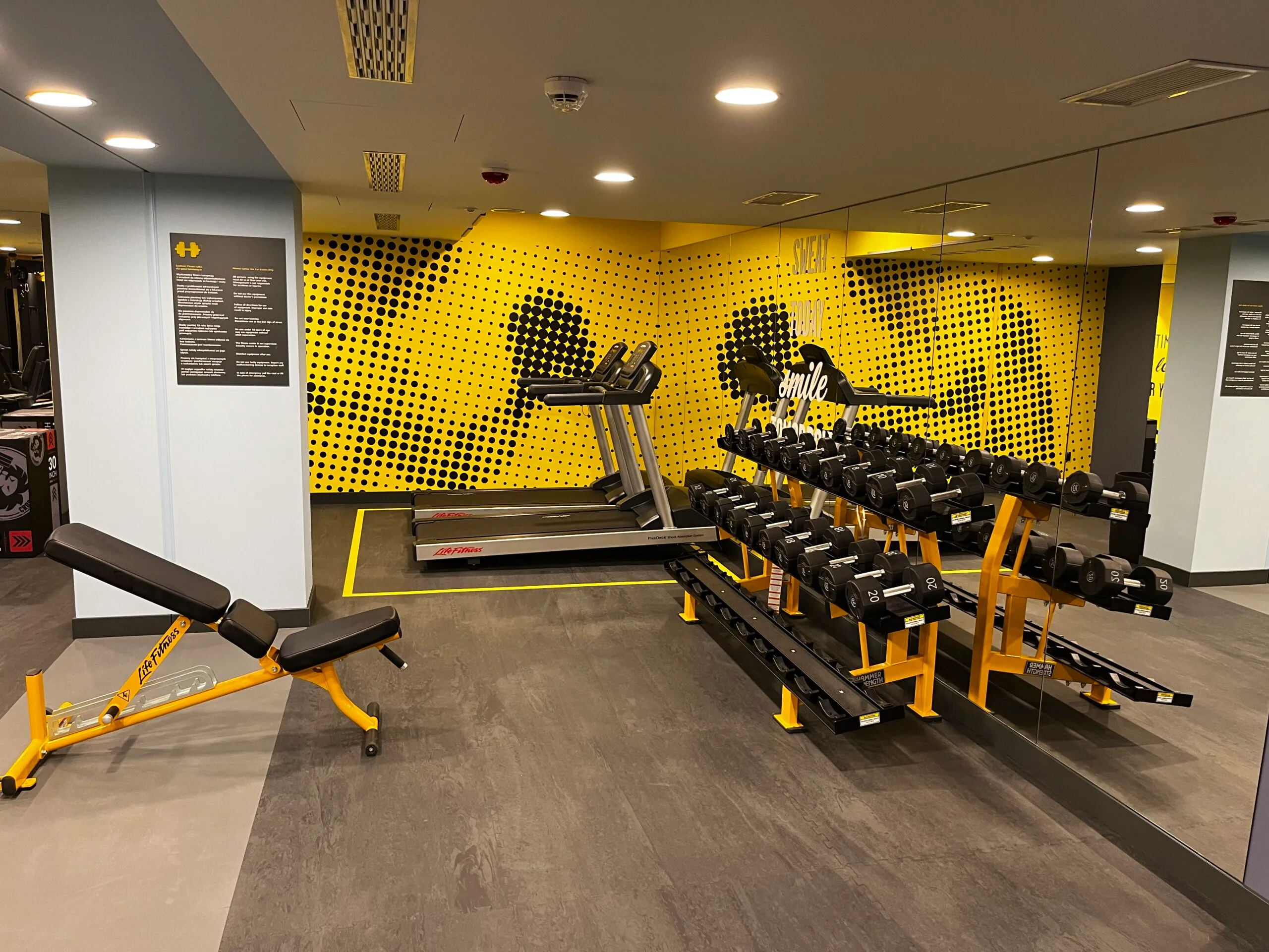 Gymnastikraum mit Laufbändern, Gewichten und Trainingsbank