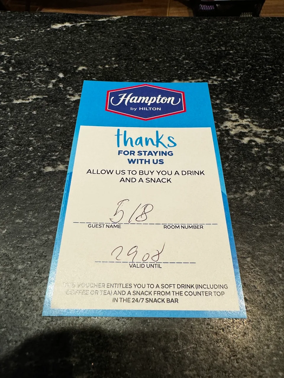 Hampton by Hilton Dankeskarte für Getränk und Snack