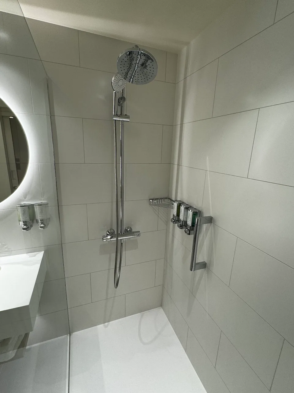 Duschbereich mit Regendusche und Handbrause an der Wand