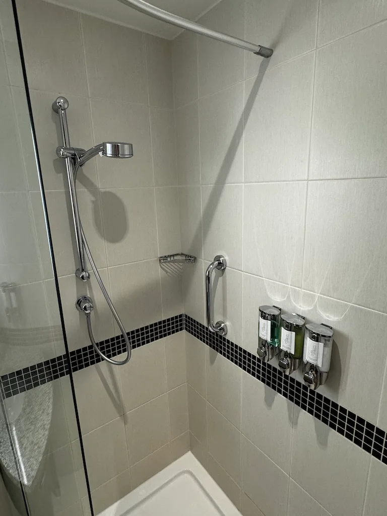 Duschbereich mit Handbrause und Seifenspenderregal