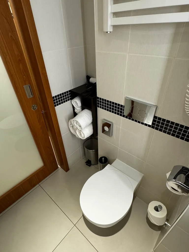 Kleines Badezimmer mit Toilette, Handtuchhalter und Wäschekorb