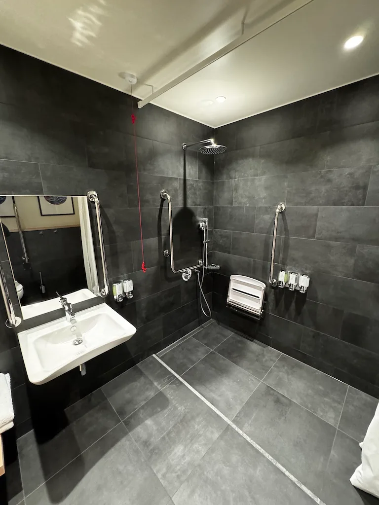 Duschbad im Hotel mit Handgriffen und Regal für Shampoo