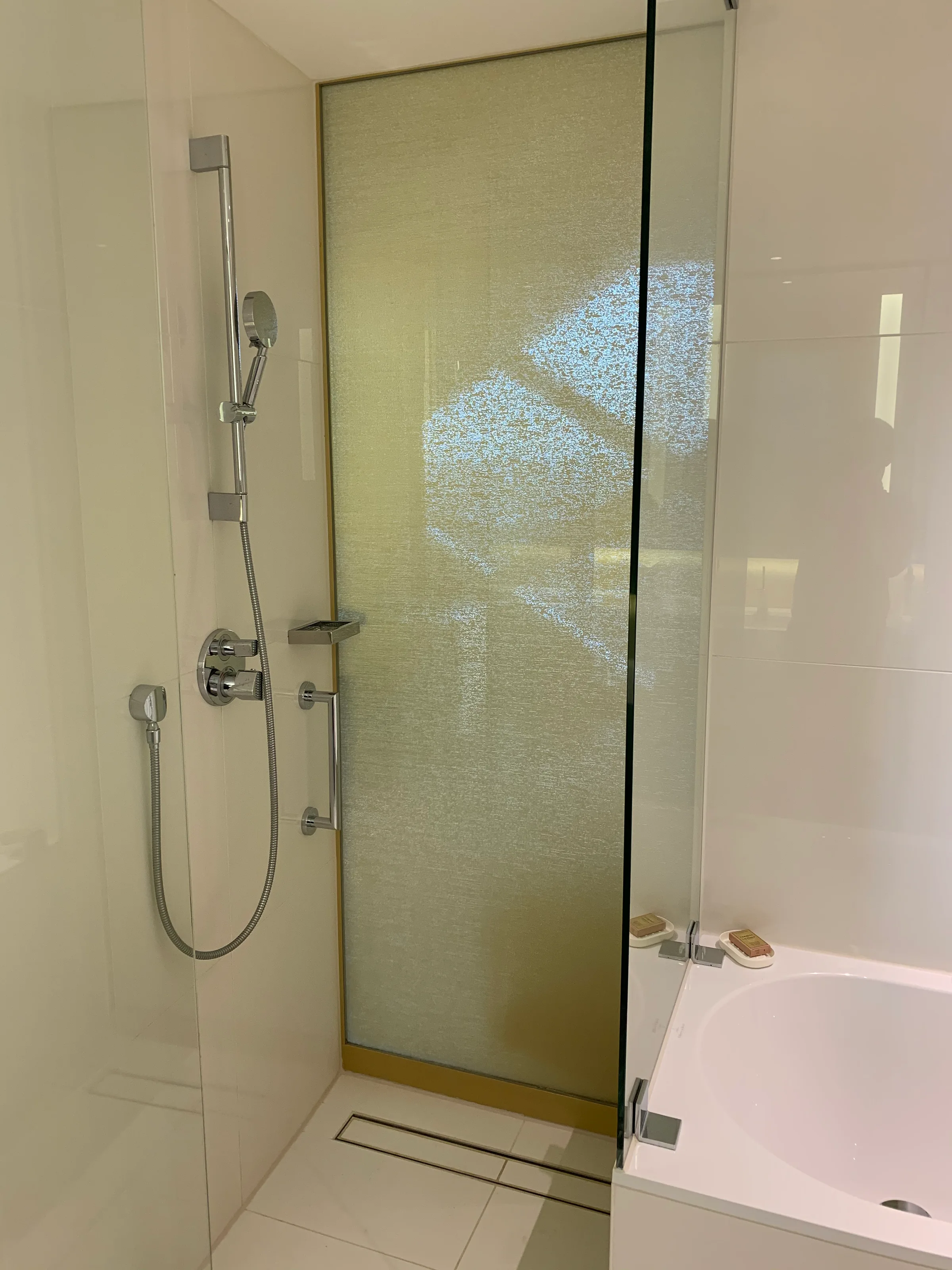 Moderne Duschzone mit Glaswand und Regendusche