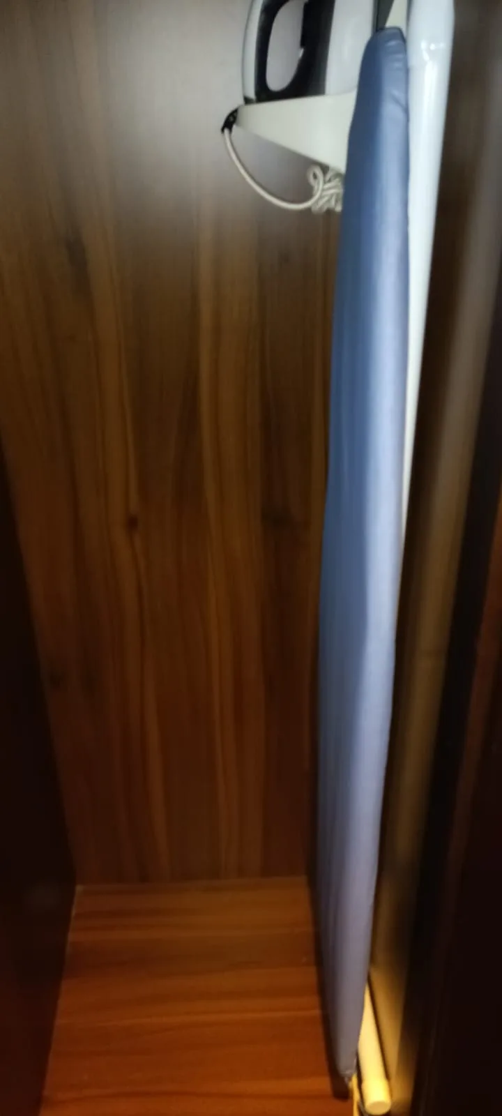 Schranktür mit blauem Gegenstand und Holzinnenwand