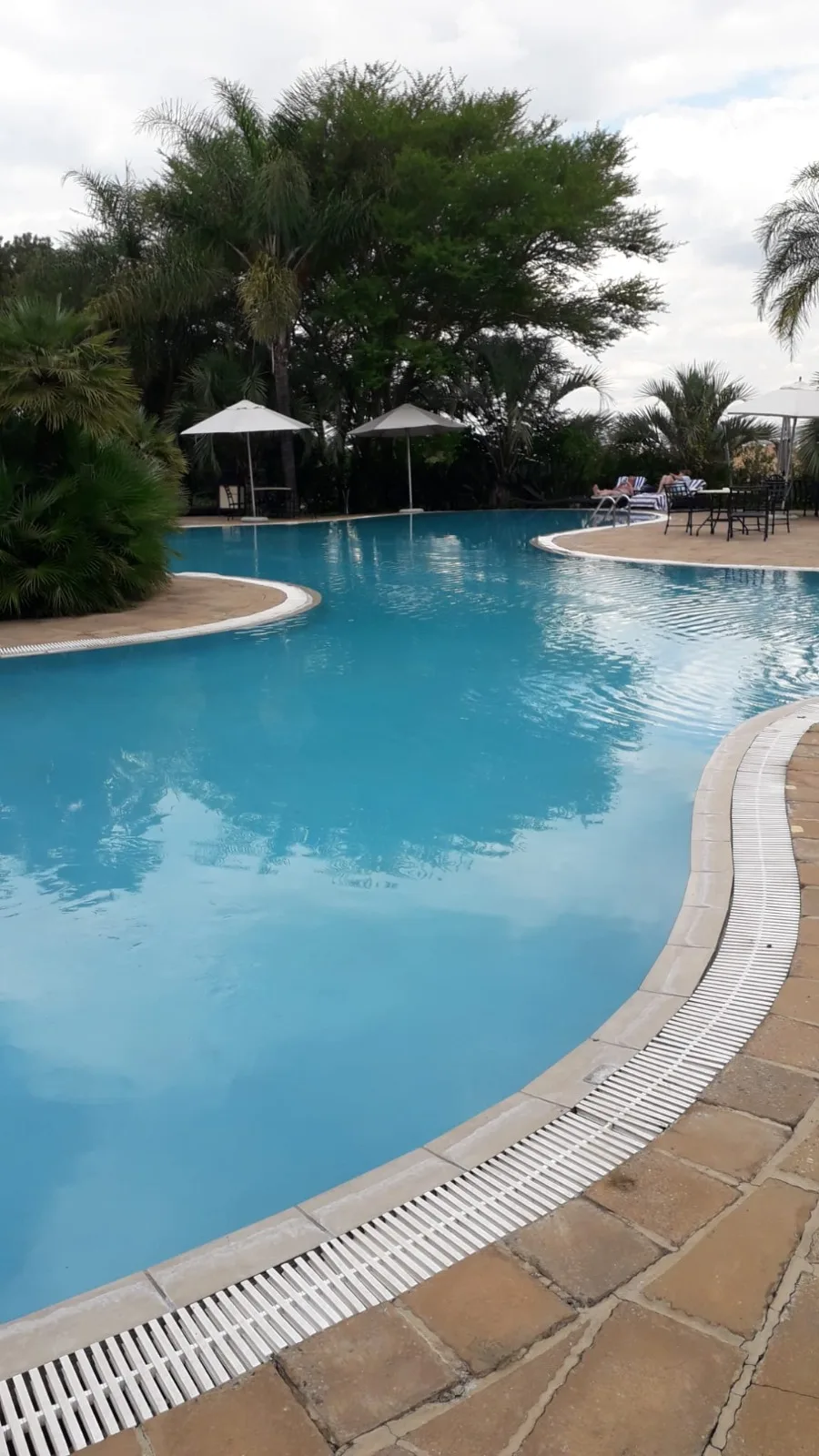 Außenansicht eines Hotels mit Pool und Palmen