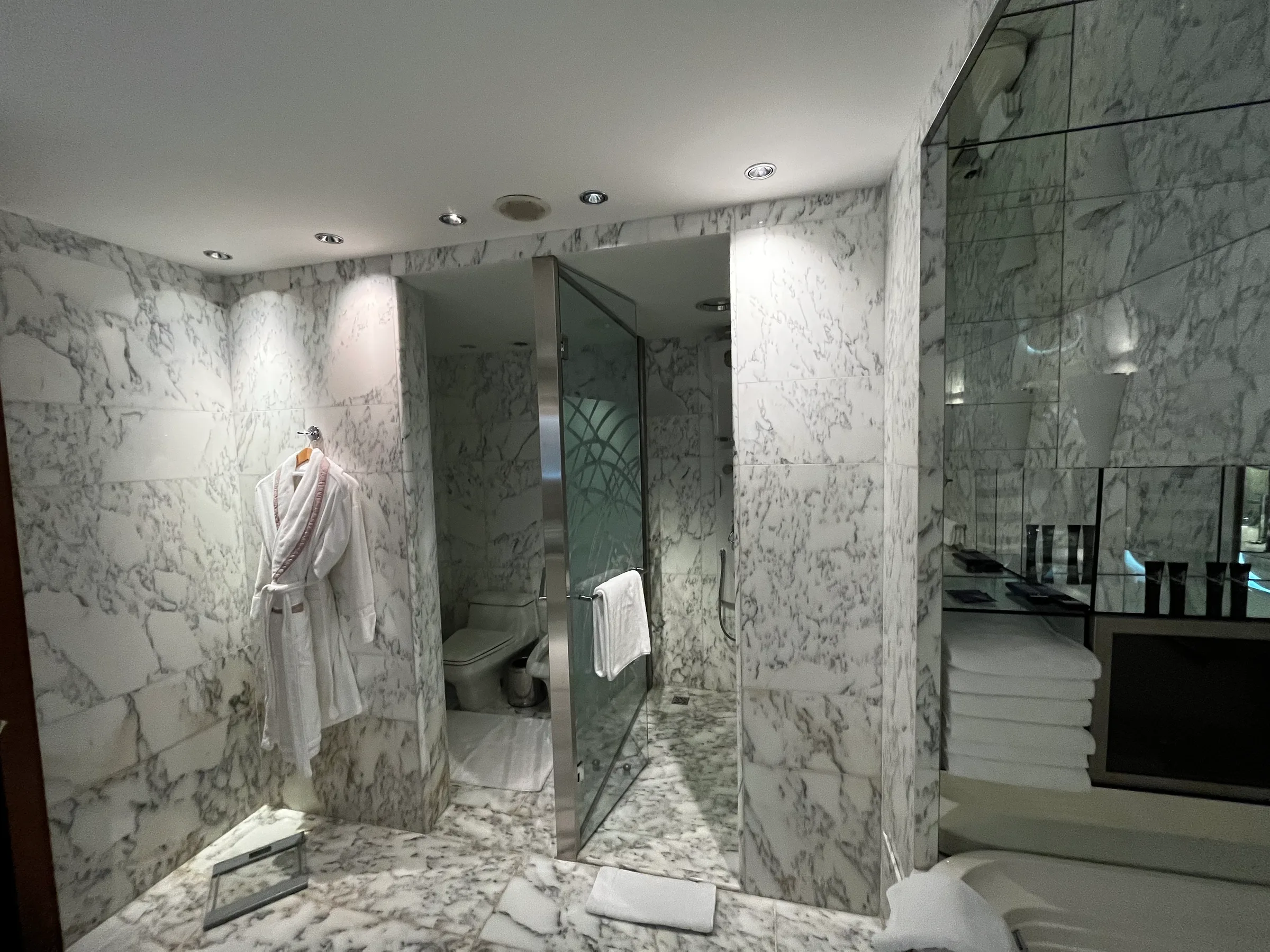 Marmorverkleidetes Badezimmer mit Dusche und Handtuchhalter