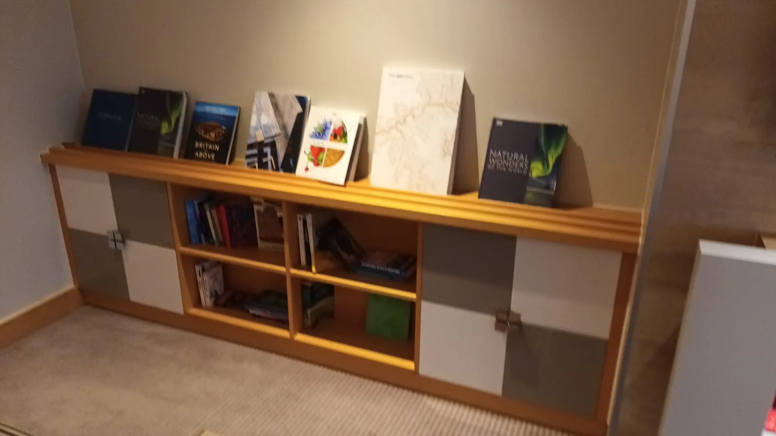 Holzregal mit Büchern und Dekorationen im Flughafen-Hotel