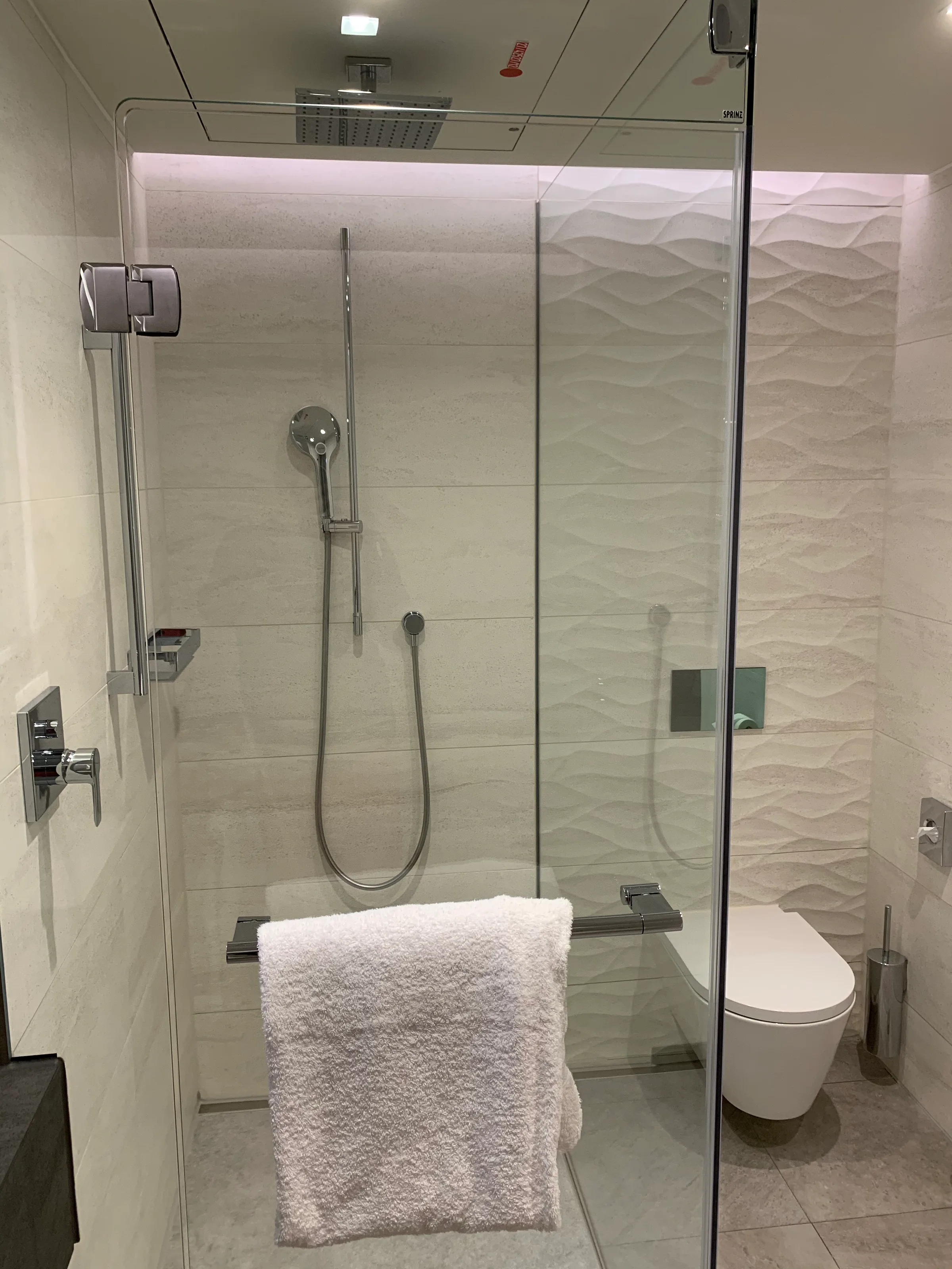 Moderne Dusche mit Glaswand und Handtuchhalter