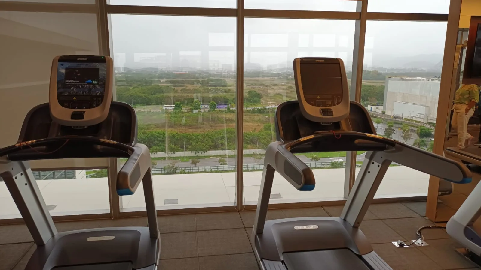 Zwei Laufbänder in einem Fitnessraum mit Blick auf eine Landschaft