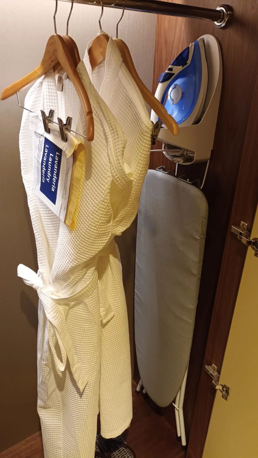 Hängender Bademantel und Bügeleisen an Wandhalterung