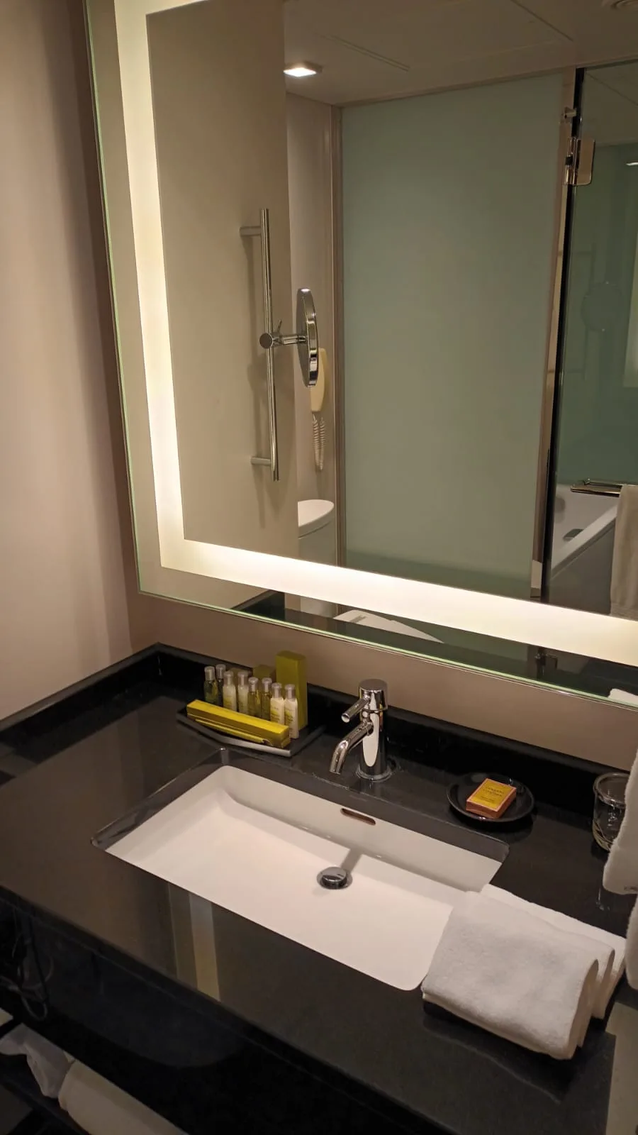 Moderne Hotel-WC mit Waschbecken und Spiegel