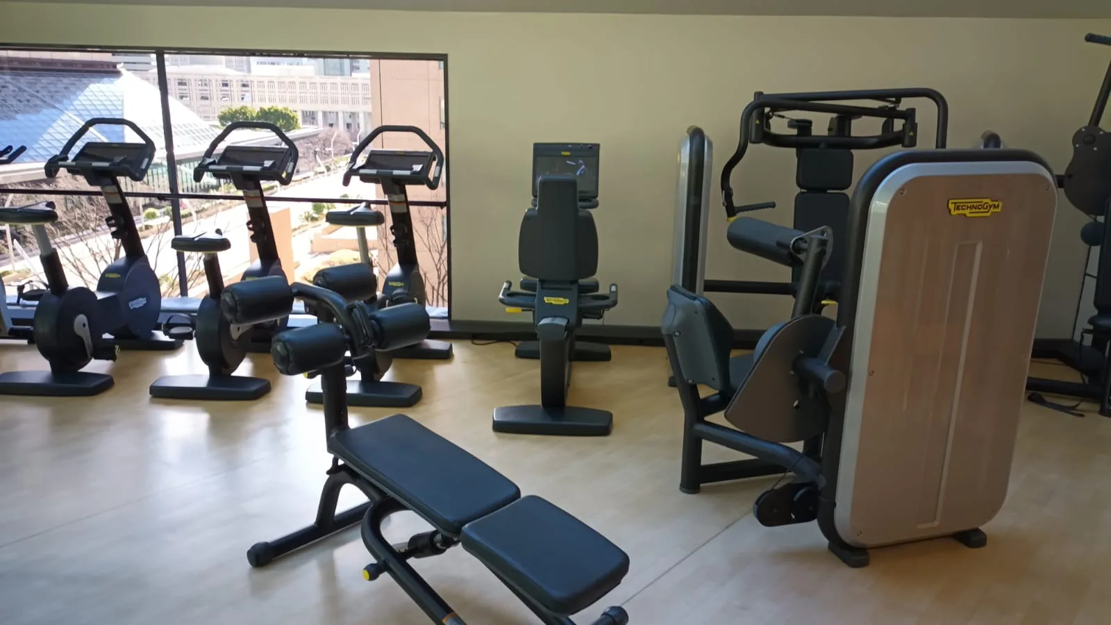 Fitnessraum mit verschiedenen Trainingsgeräten und großen Fenster