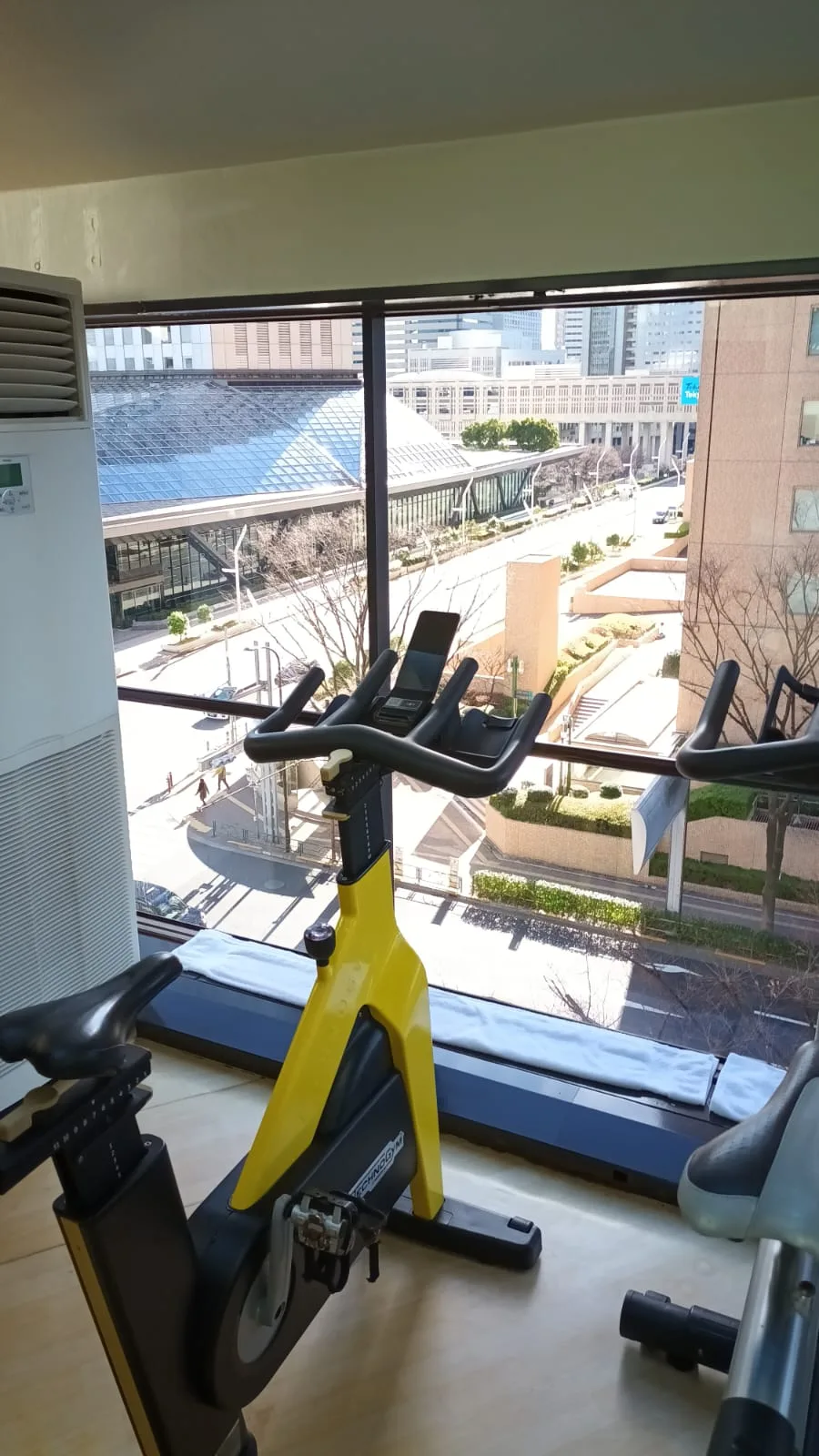 Fitnessbike im Hotel mit Blick auf die Stadt