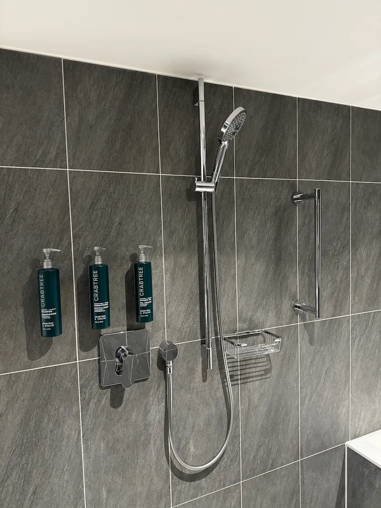 Duschbereich mit Handbrause und Regal an der Wand