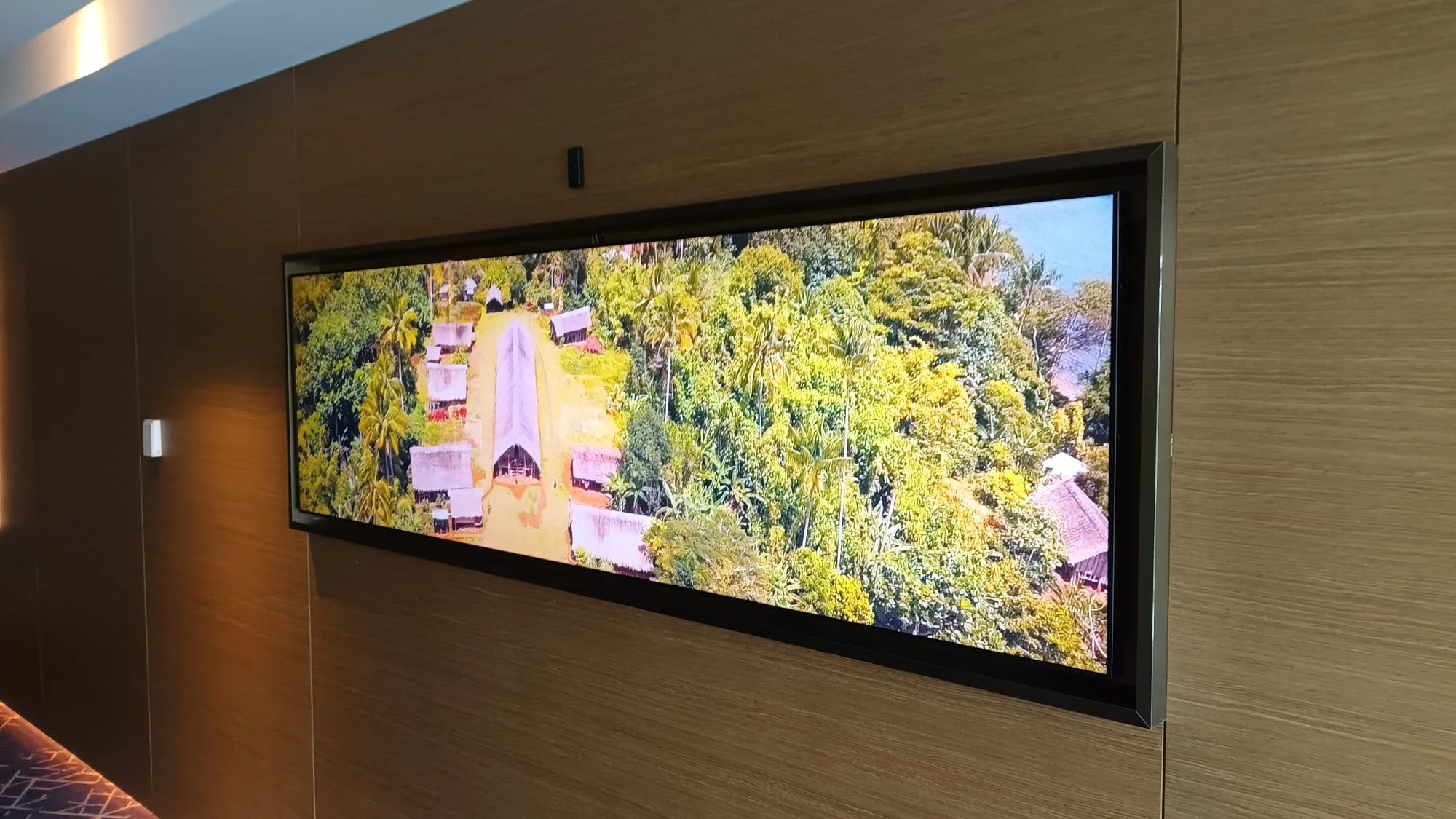 Landschaftsaufnahme mit Dorf und Palmen