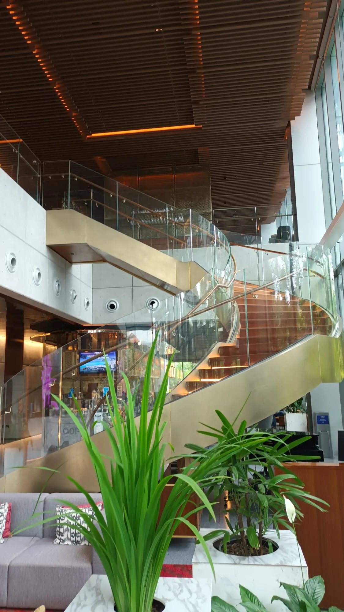 Hotellobby mit moderner Treppe und Pflanzen
