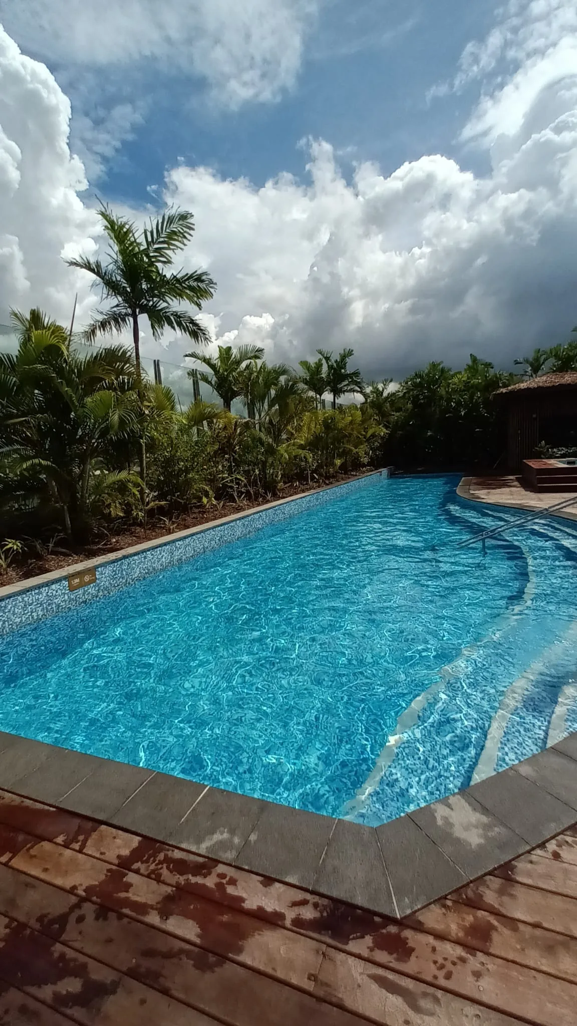 Becken mit blauem Wasser und Holzterrasse im Hintergrund