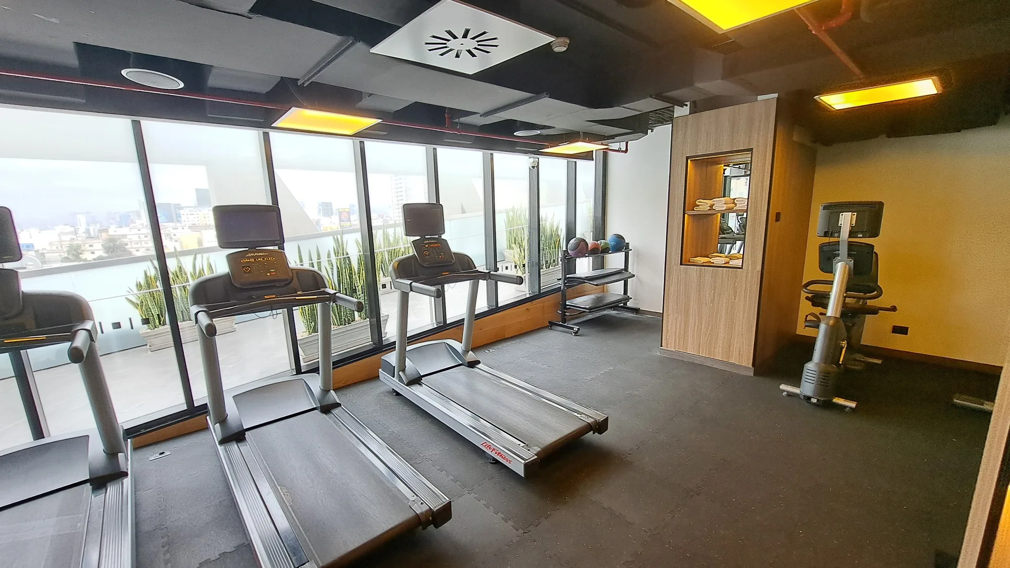 Fitnessraum mit Laufbändern und Fensterfront
