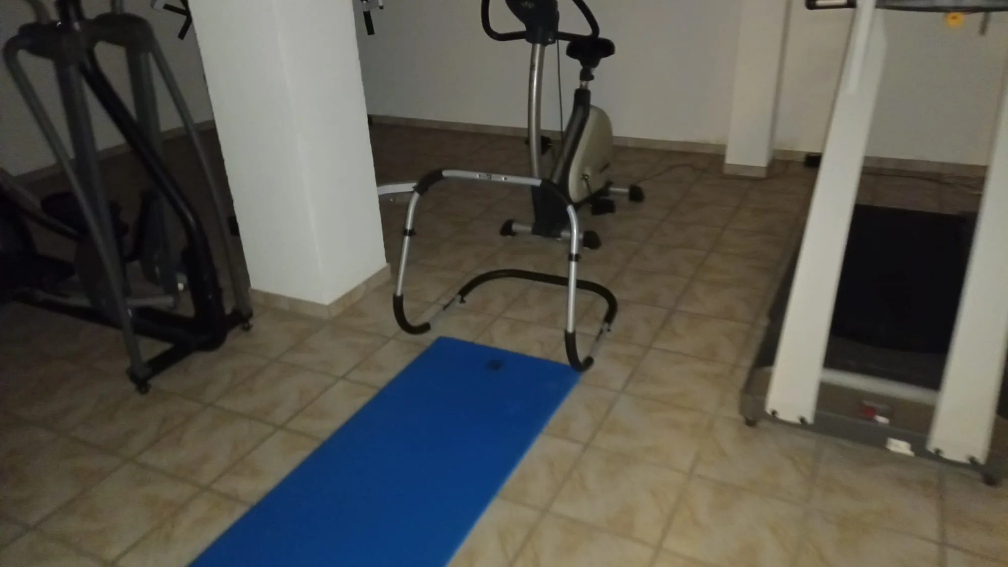 Fitnessraum mit Laufband, Fahrrad und blauem Matte auf Boden