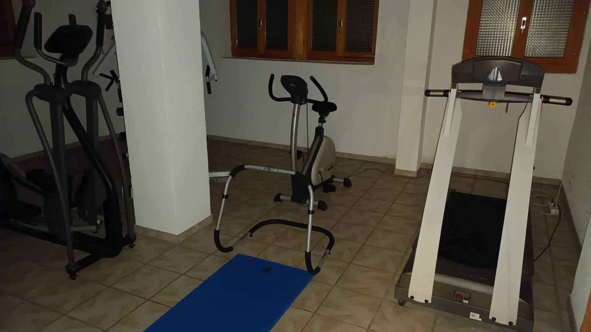Fitnessraum mit Laufband, Fahrrad und Yogamatte
