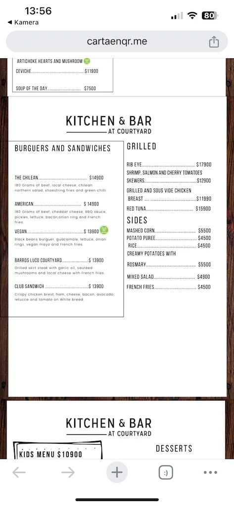 Menü des Kitchen & Bar am Courtyard mit Burger- und Sandwich-Angebot sowie Grillgerichten