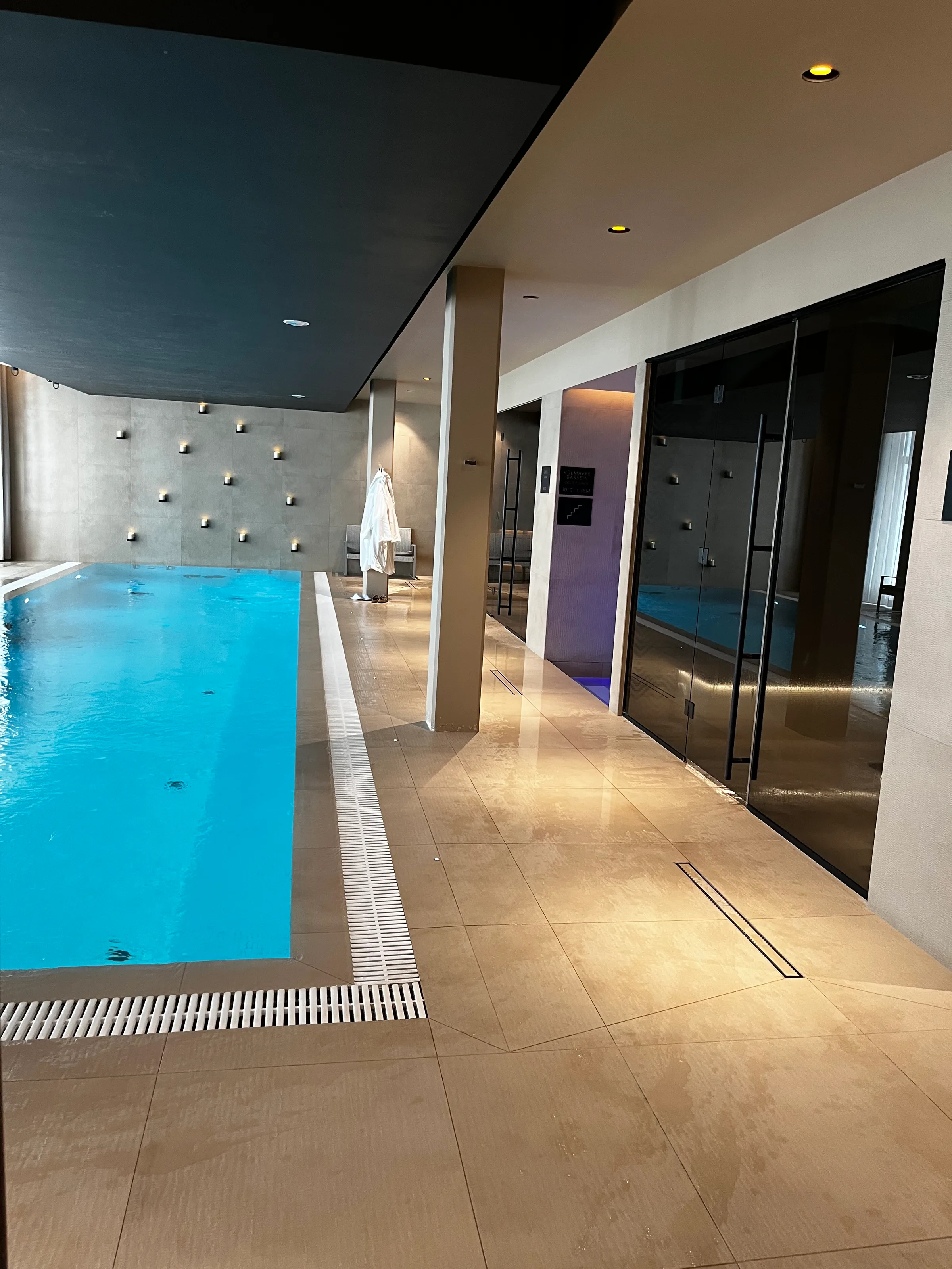 Indoor Pool mit Steinwand und moderner Beleuchtung