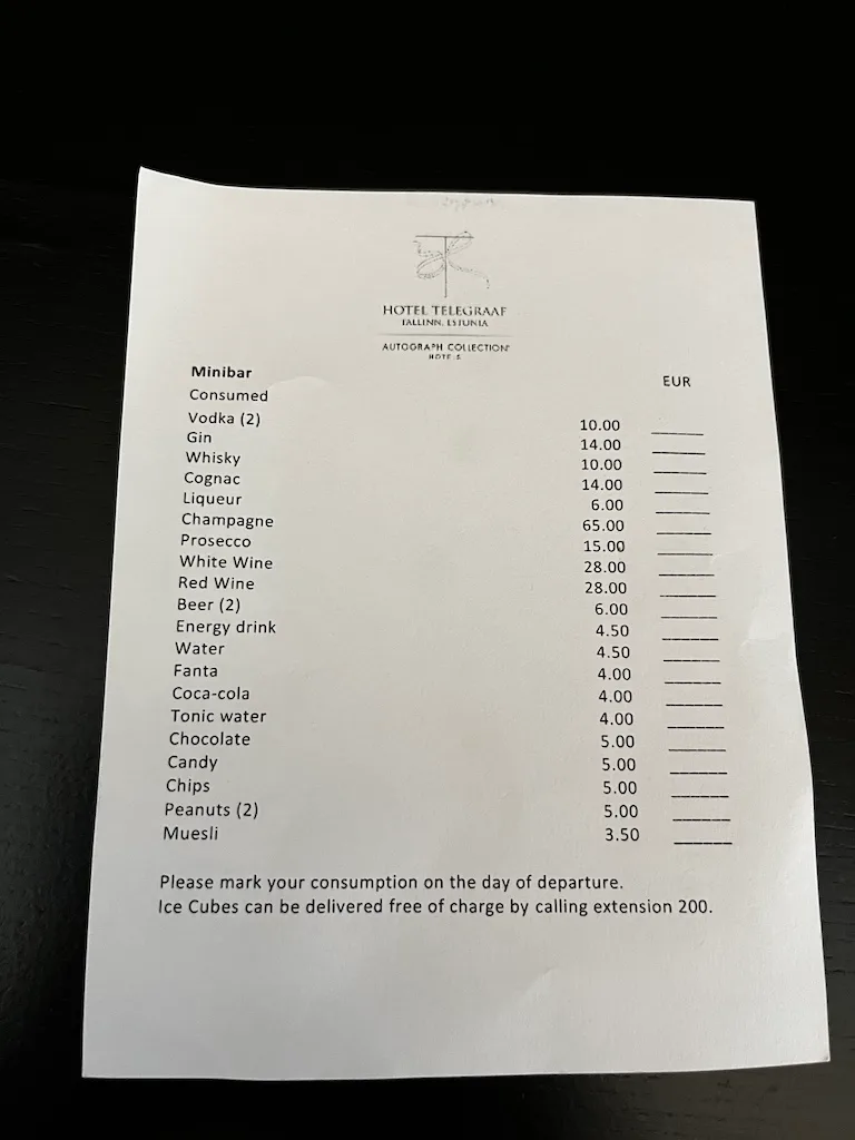 Minibar-Kostenübersicht im Hotel Telegraaf
