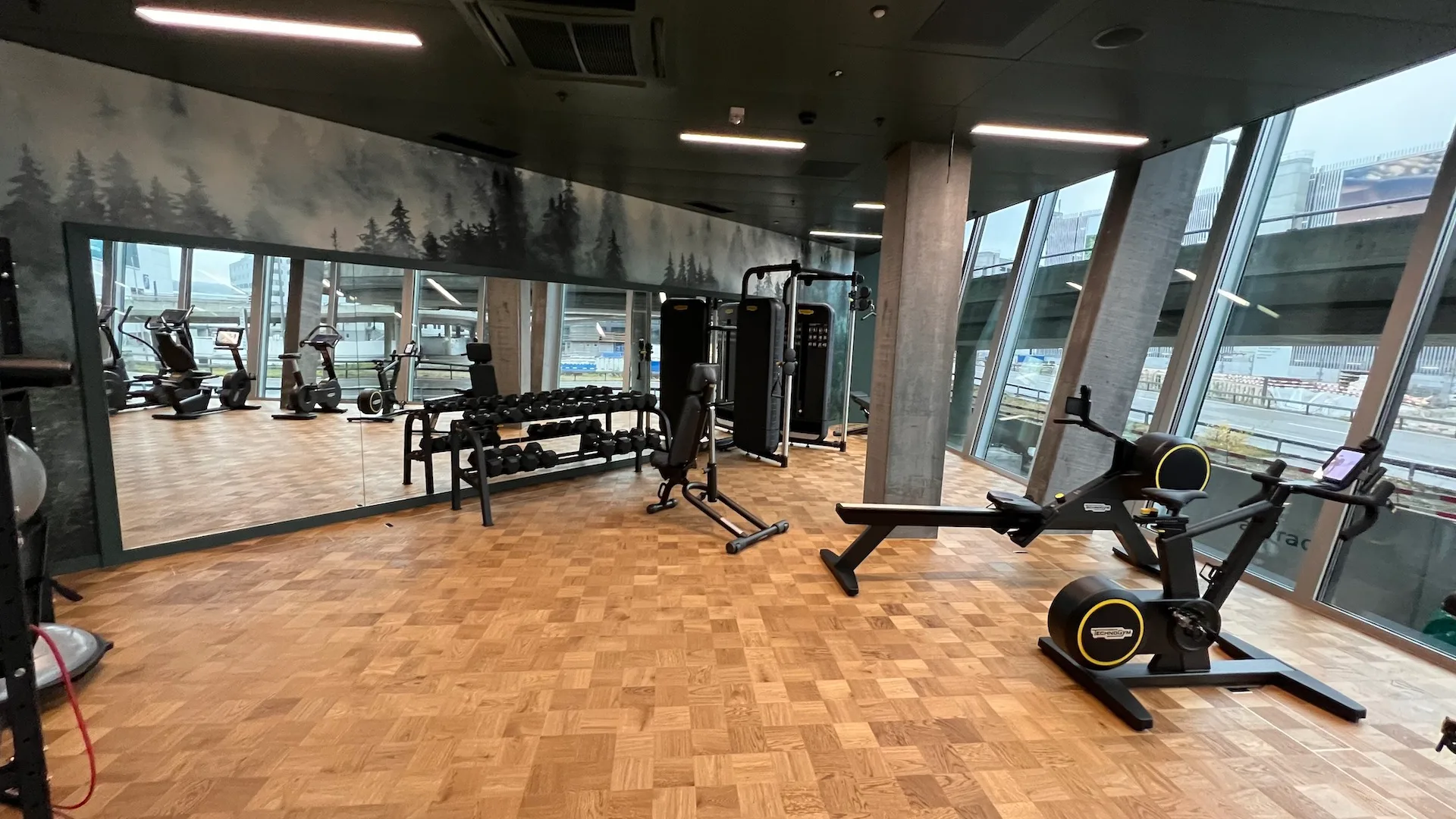 Fitnessraum mit Spiegeln und Trainingsgeräten