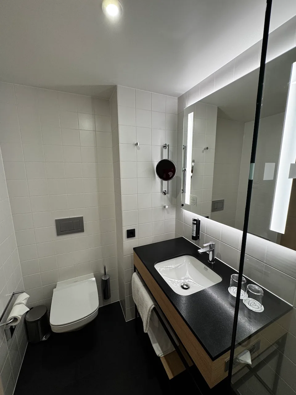 Moderne Badezimmeranlage mit Waschbecken und Spiegel