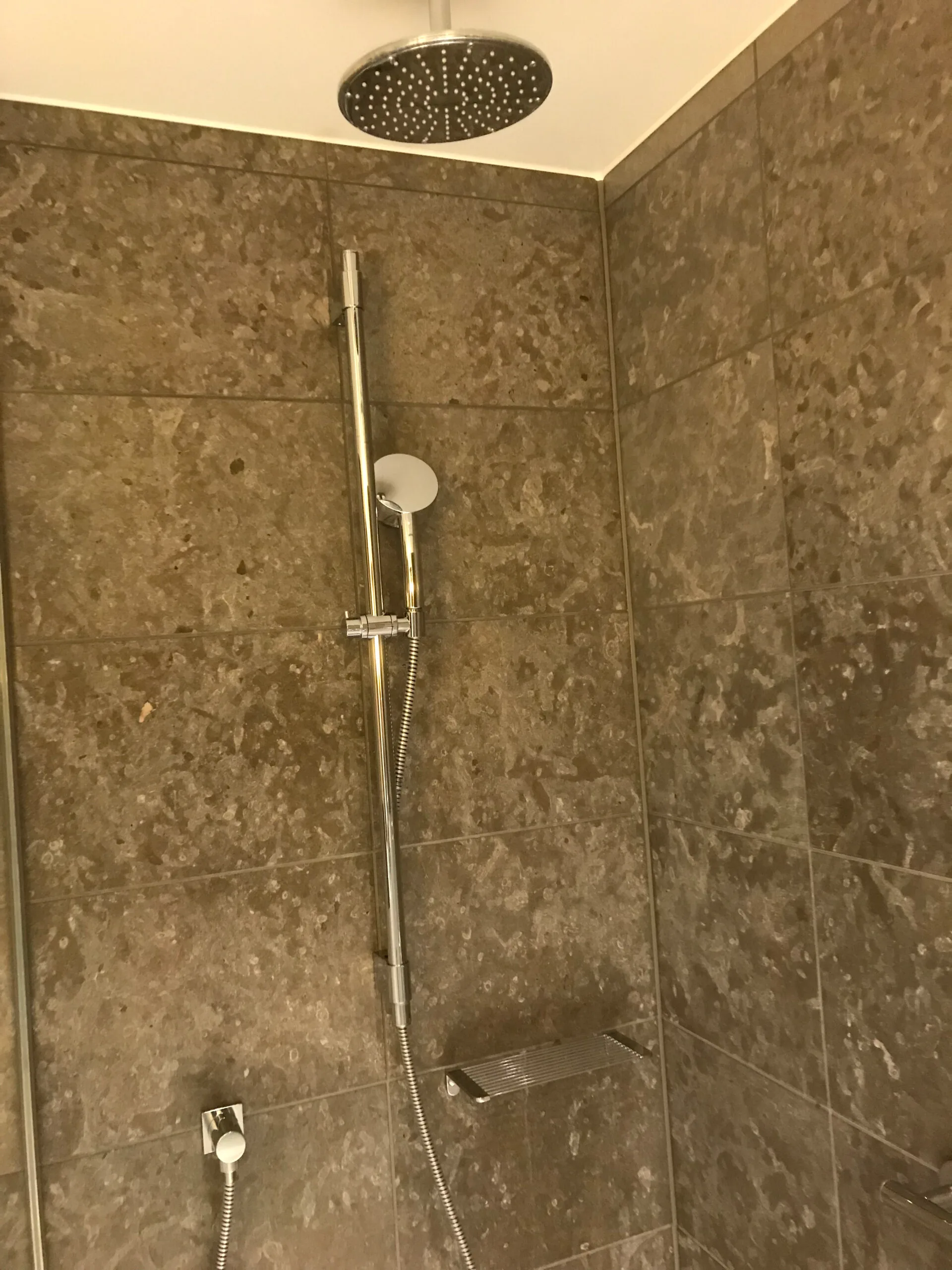 Duschbereich mit Regendusche und Handbrause an der Wand