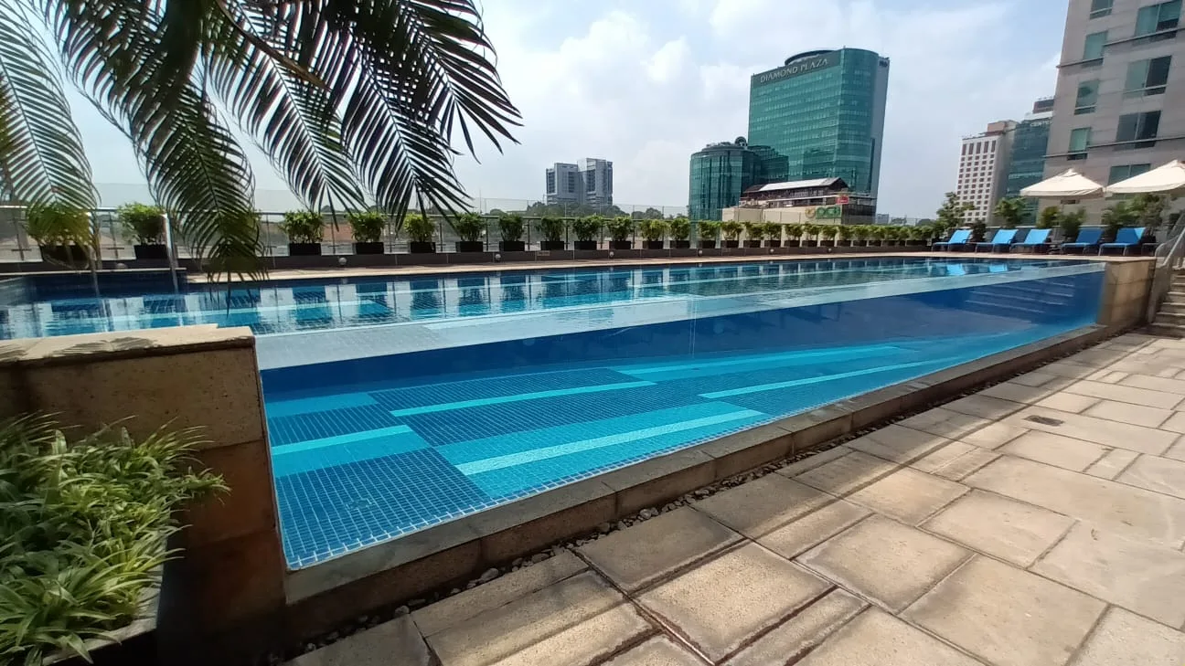 Dachterrasse mit Pool und Palmen im Vordergrund