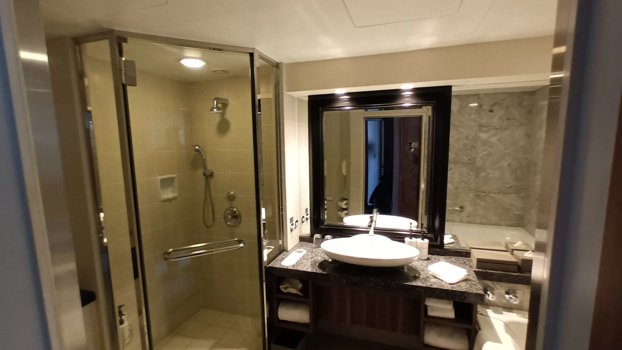 Moderne Badezimmeranlage mit Dusche und Waschbecken